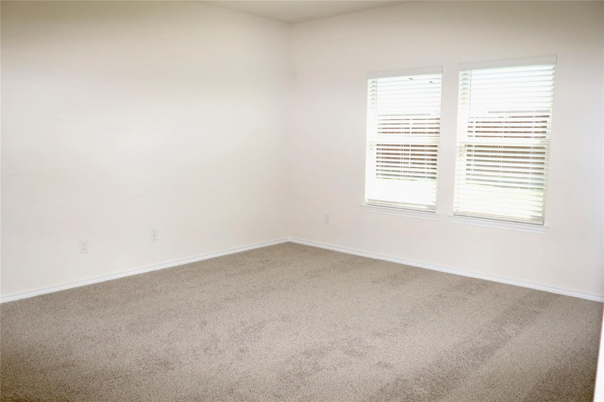 Neutral wall color, two windows with blinds, and carpeted flooring