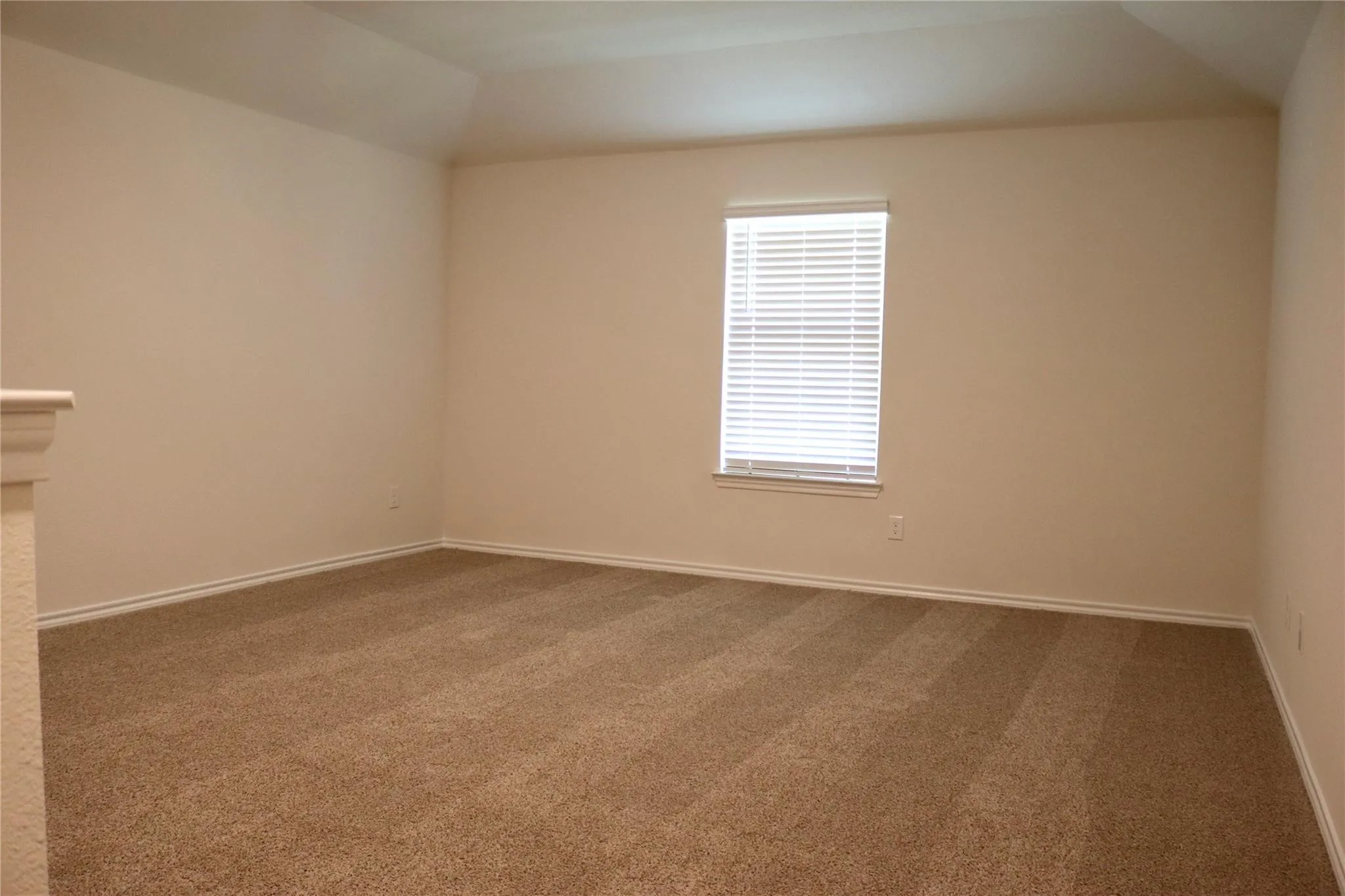 Spacious room featuring neutral carpeting, light-toned walls, and a window with blinds