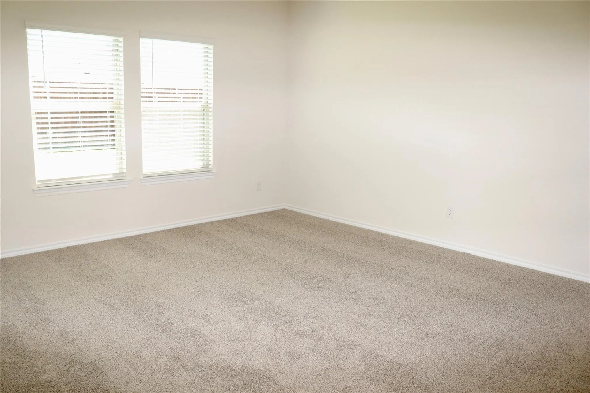 Neutral wall paint, light-toned carpeting, two windows with blinds, and white trim