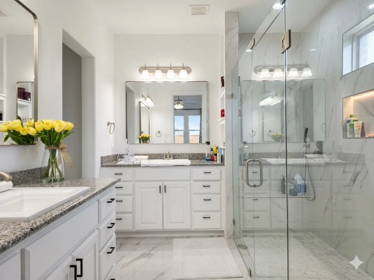 Dual vanities with granite countertops, white cabinetry, and undermount sinks