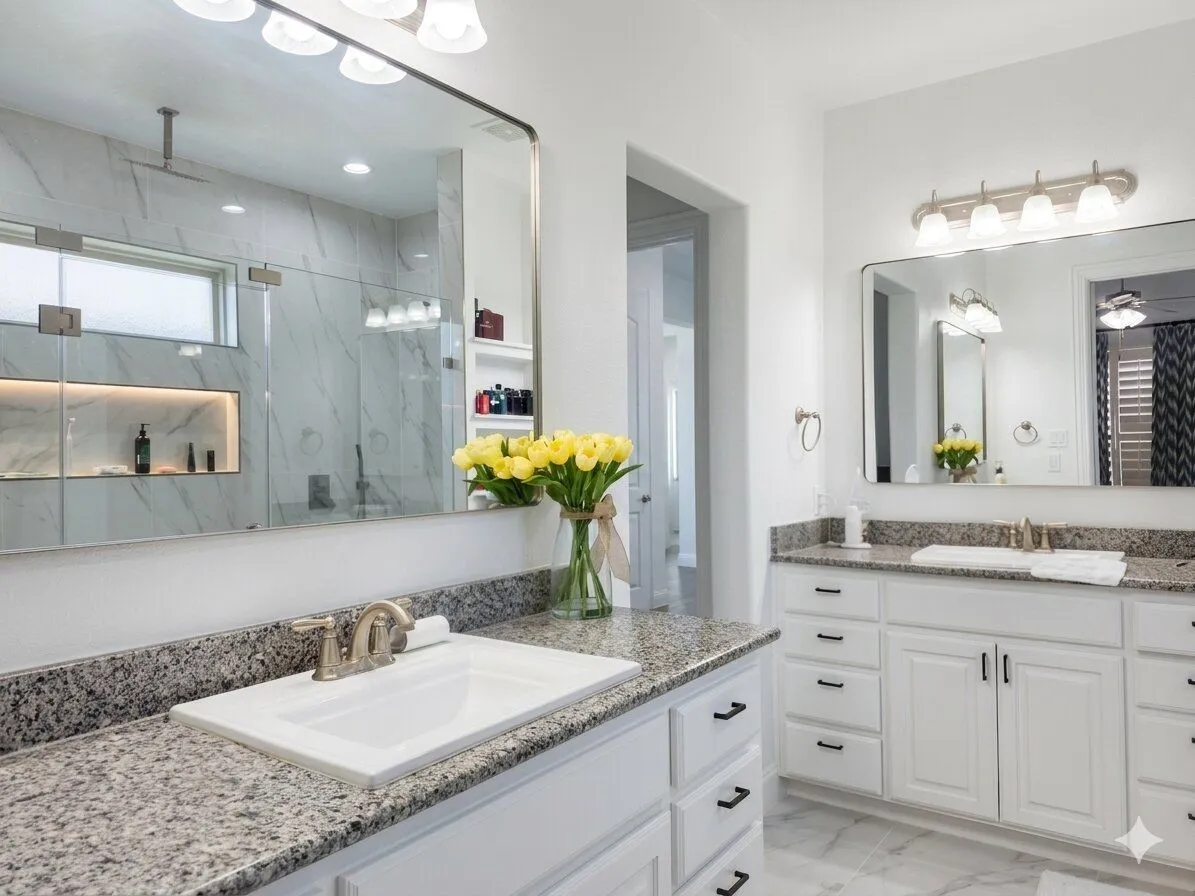 Dual vanities with granite countertops, undermount sinks, and brushed nickel fixtures