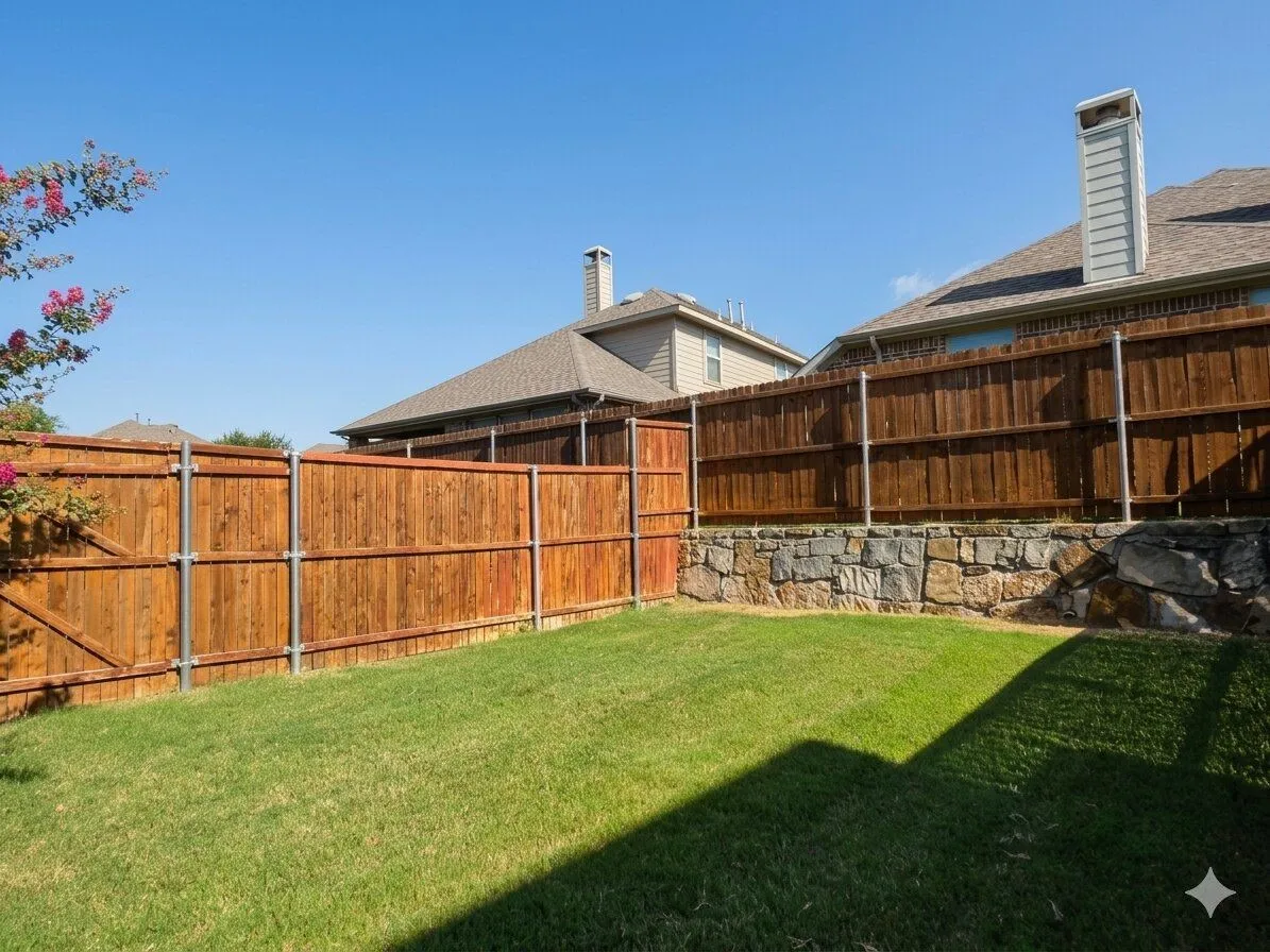 Expansive grassy yard area featuring a stained wood privacy fence, a stone retaining wall, and an integrated gate