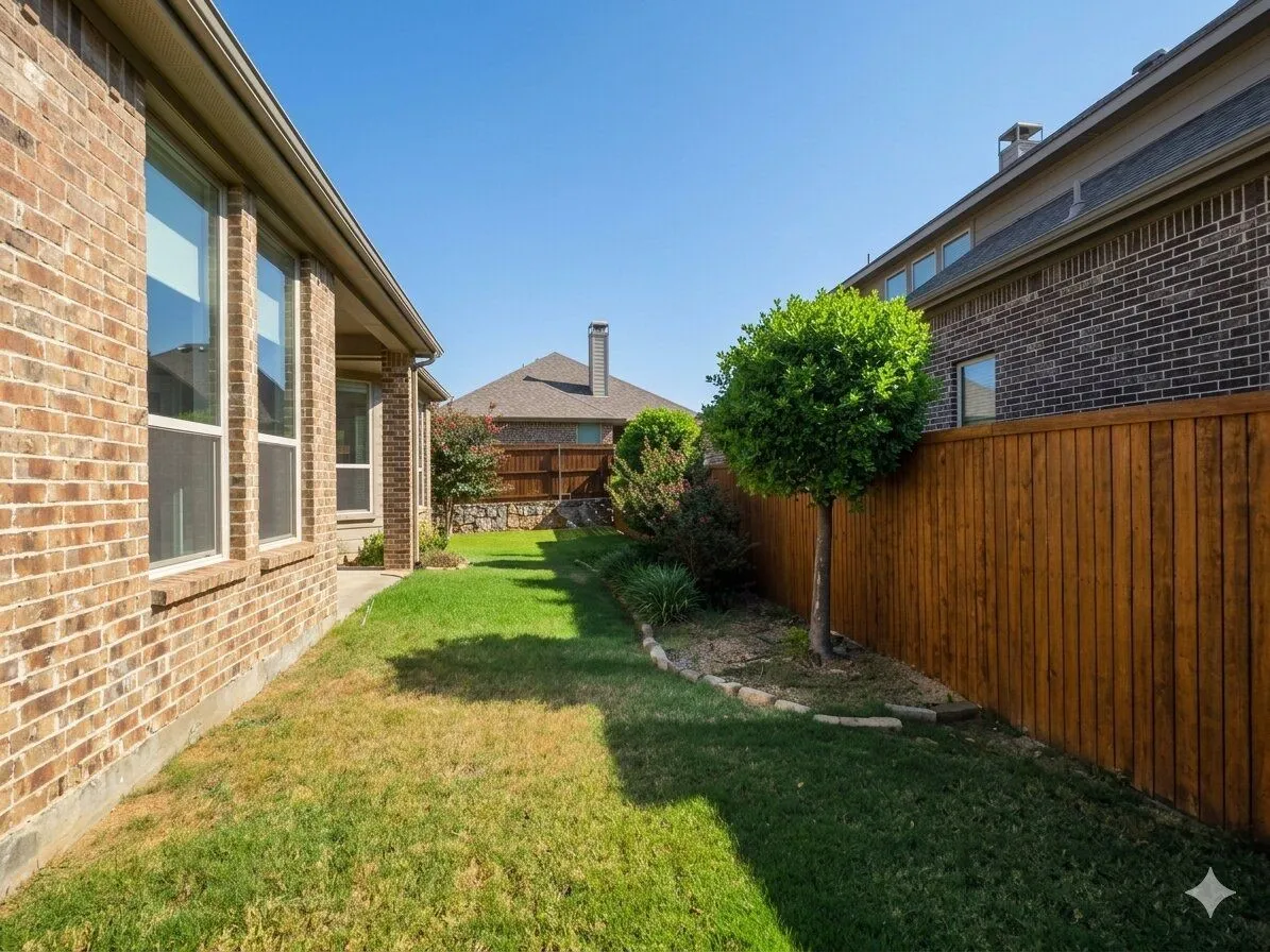 Landscaped side yard featuring a privacy fence, established shrubbery, and a mature ornamental tree