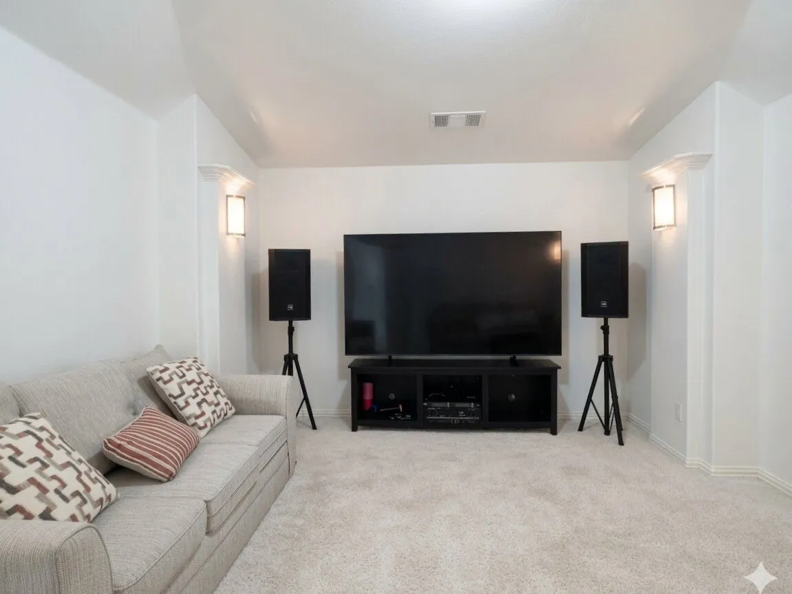 Recessed ceiling with integrated lighting, wall-mounted sconces, plush carpeting, and built-in crown molding details