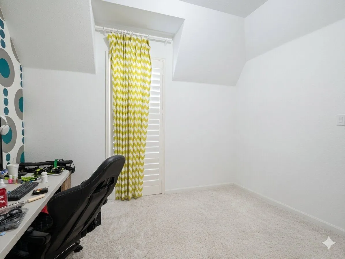 Plush carpeting, white painted walls, and window with plantation shutters