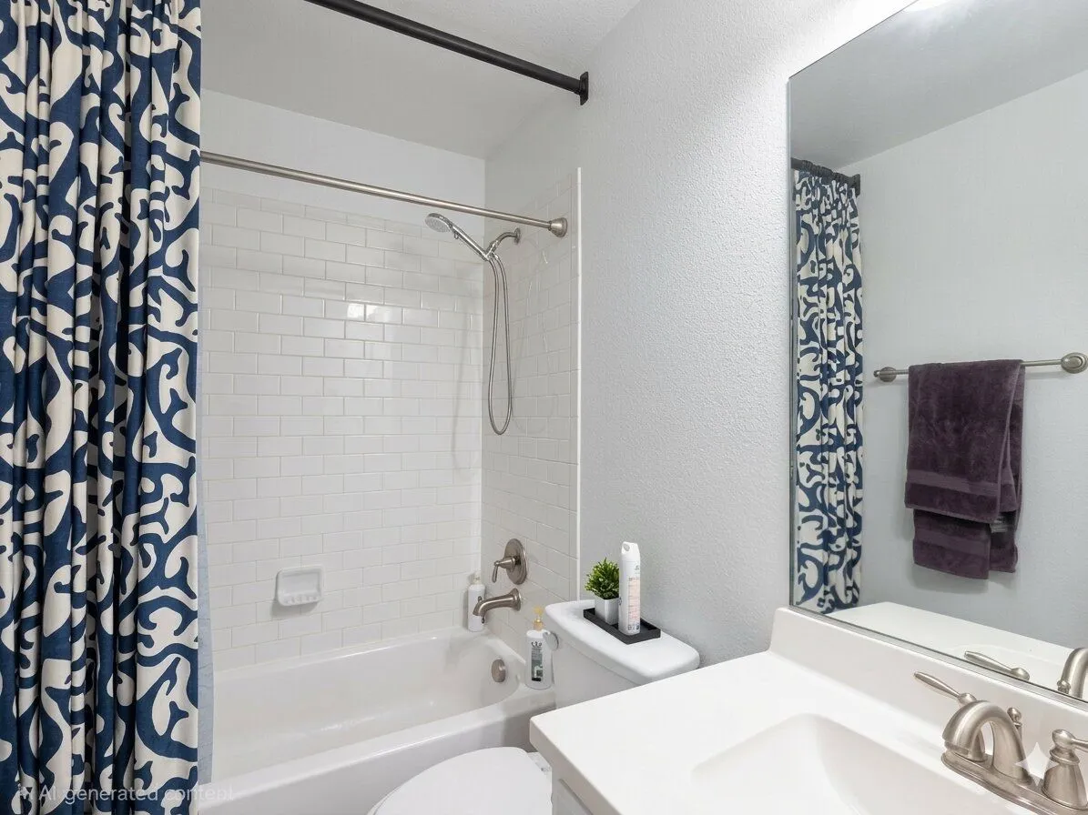 White subway tile shower surround, brushed nickel shower fixtures, white bathtub, single vanity with integrated sink, and a large wall-mounted mirror