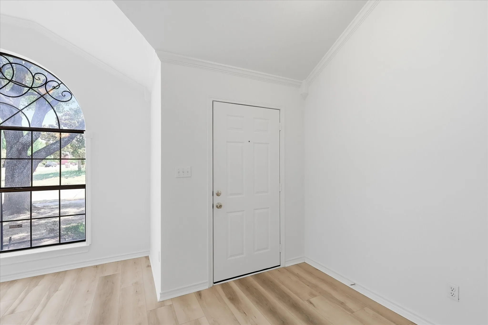 Arched window with decorative ironwork, wood-finish flooring, crown molding, and a paneled entry door