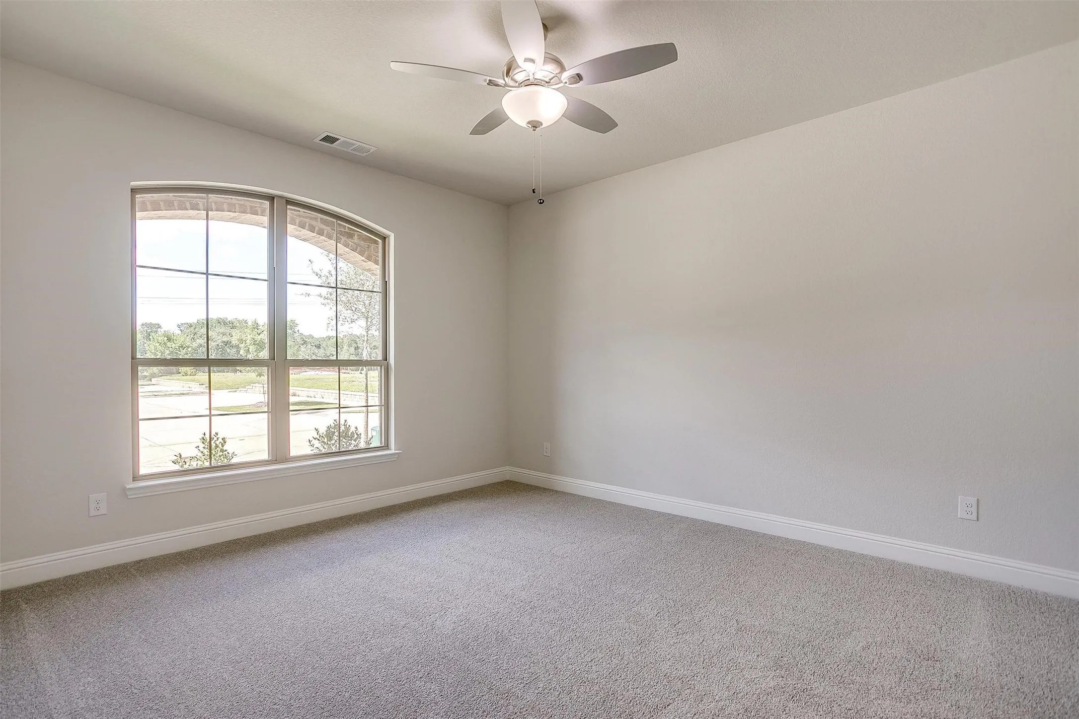 Arched window with gridded panes and white trim