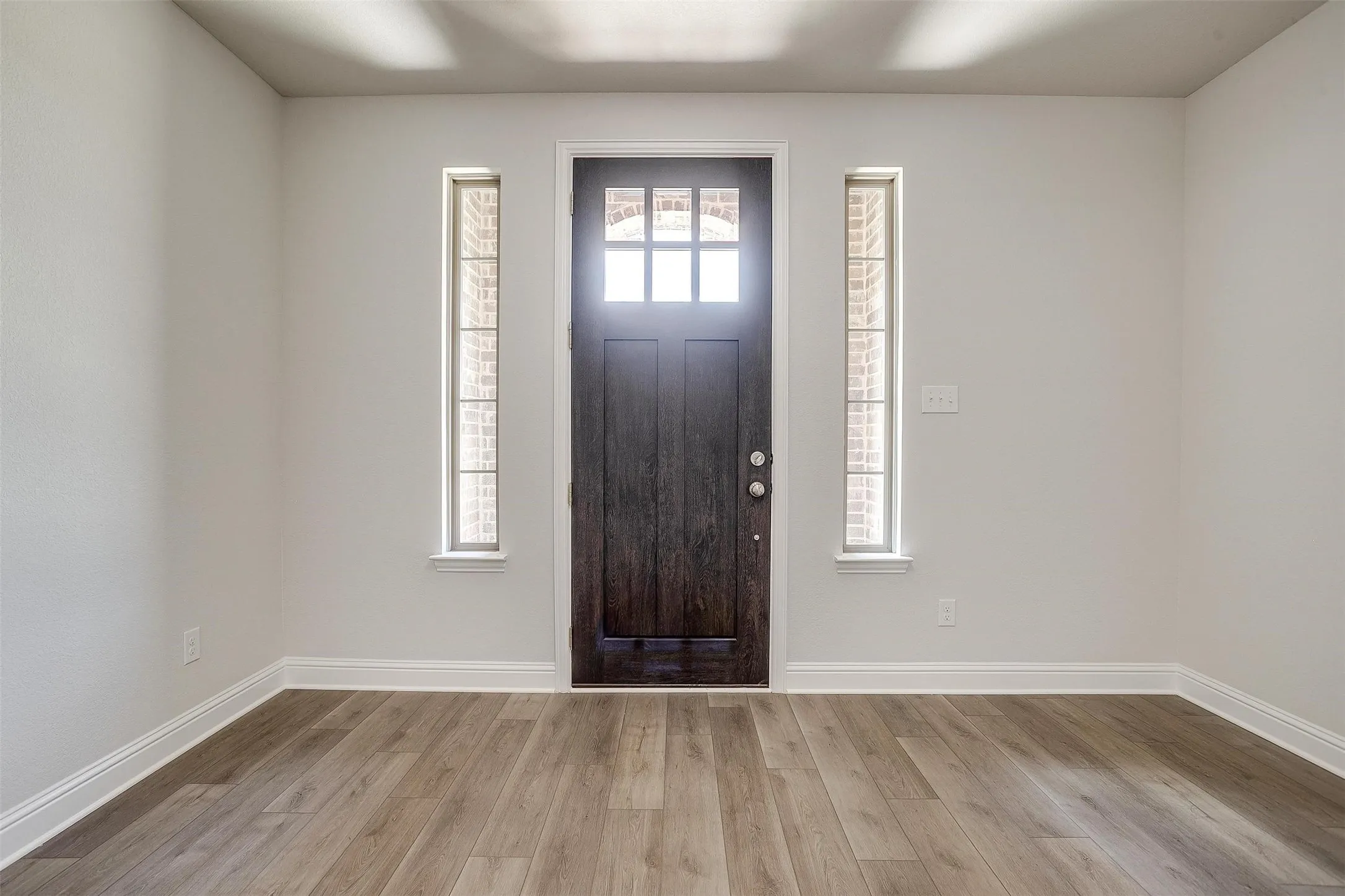 Dark wood-finish entry door with clear glass panels, flanked by two vertical windows