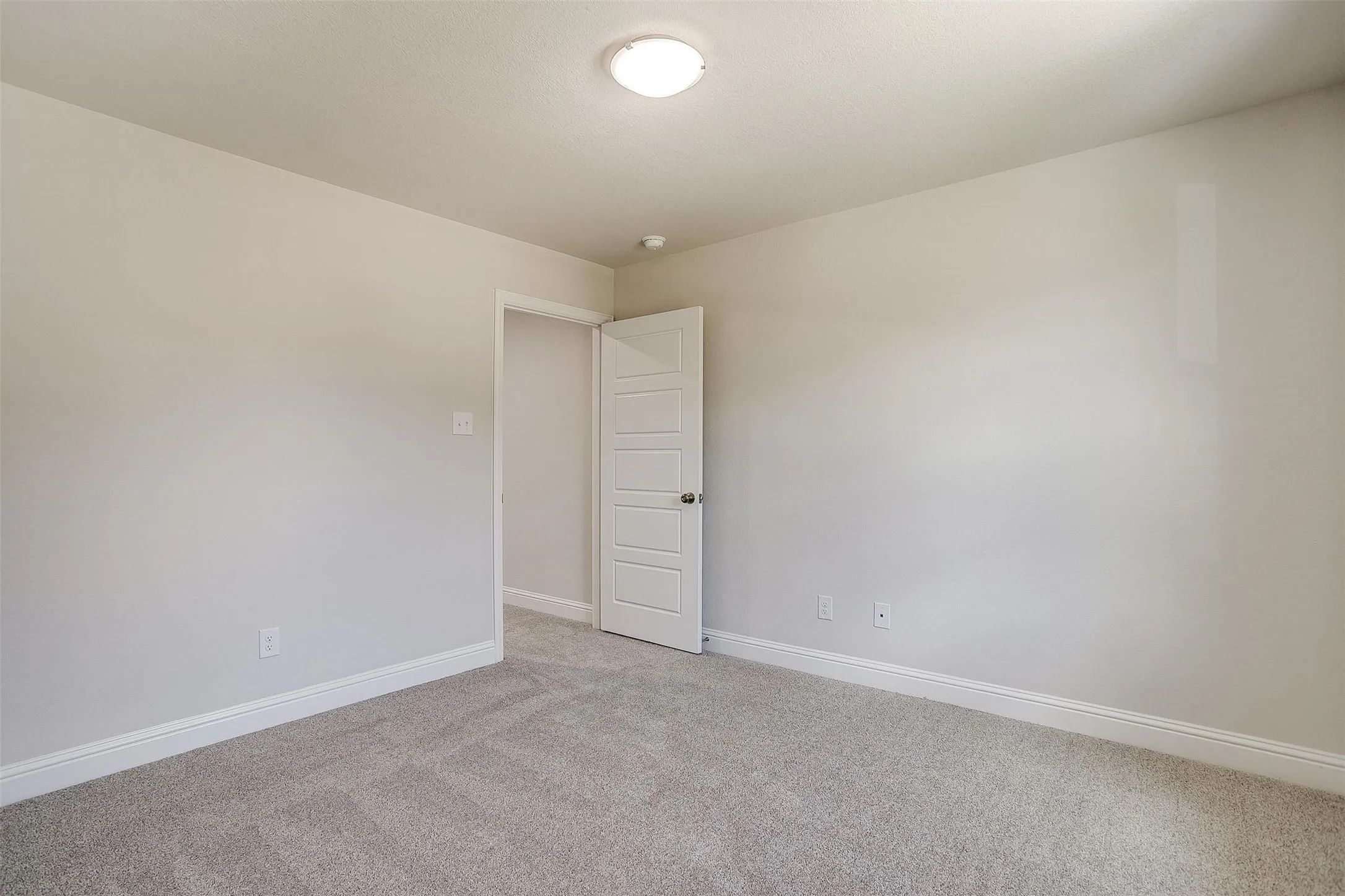 Light-colored carpeting, white interior door, and overhead flush-mount lighting fixture