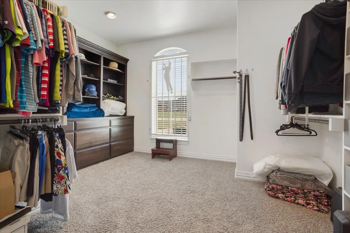 Spacious walk-in closet featuring dual clothing rods, extensive shelving with built-in cabinetry, carpeted flooring, and abundant natural light from a transom window
