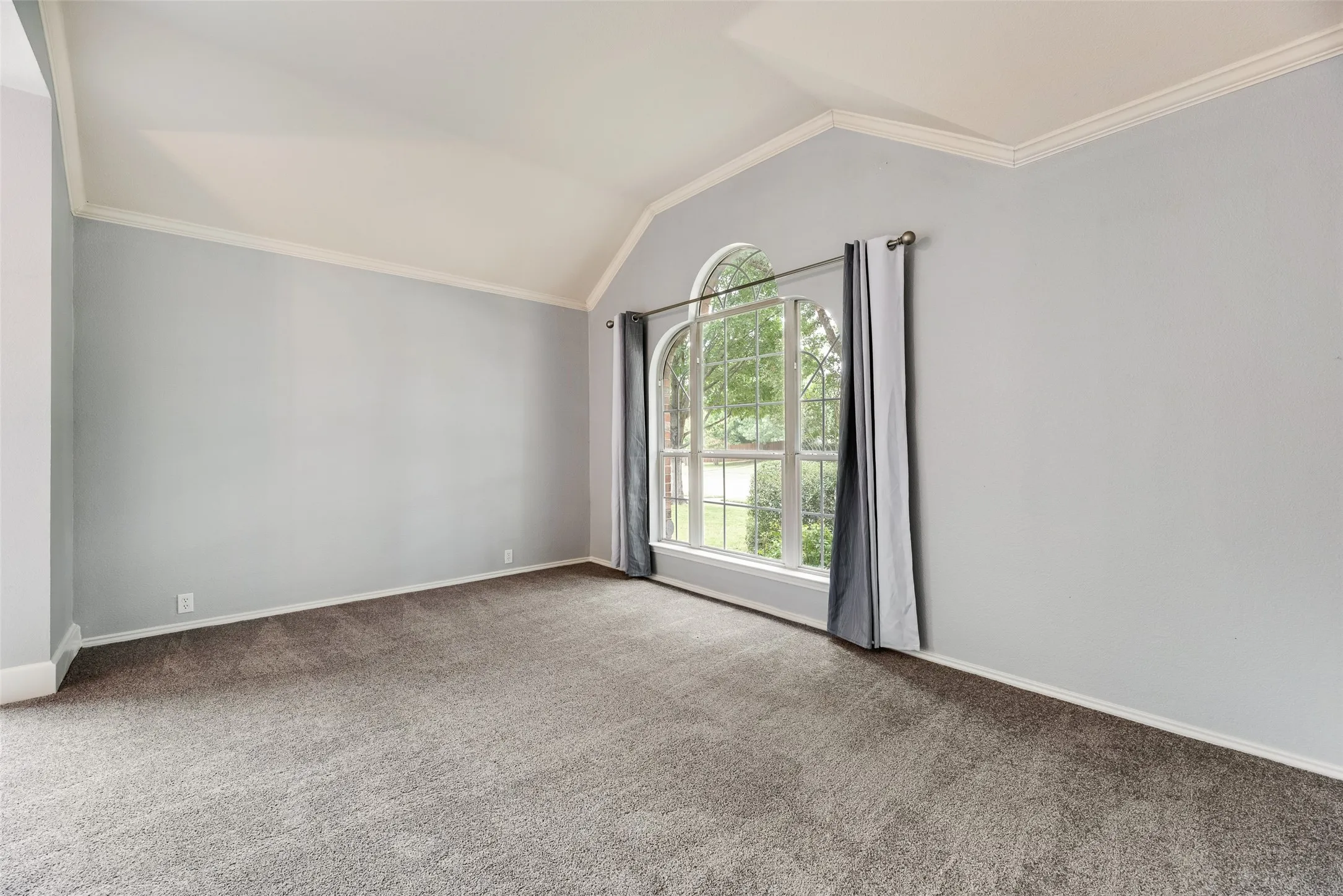 Vaulted ceiling with crown molding, arched window, and plush carpeting