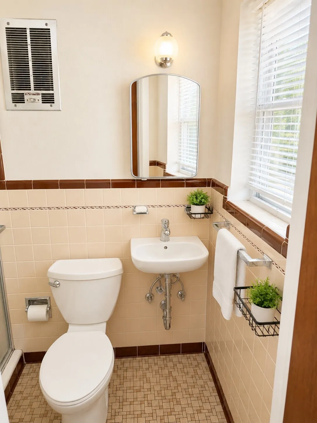 Pedestal sink with chrome faucet, wall-mounted mirror, and tiled walls with decorative banding