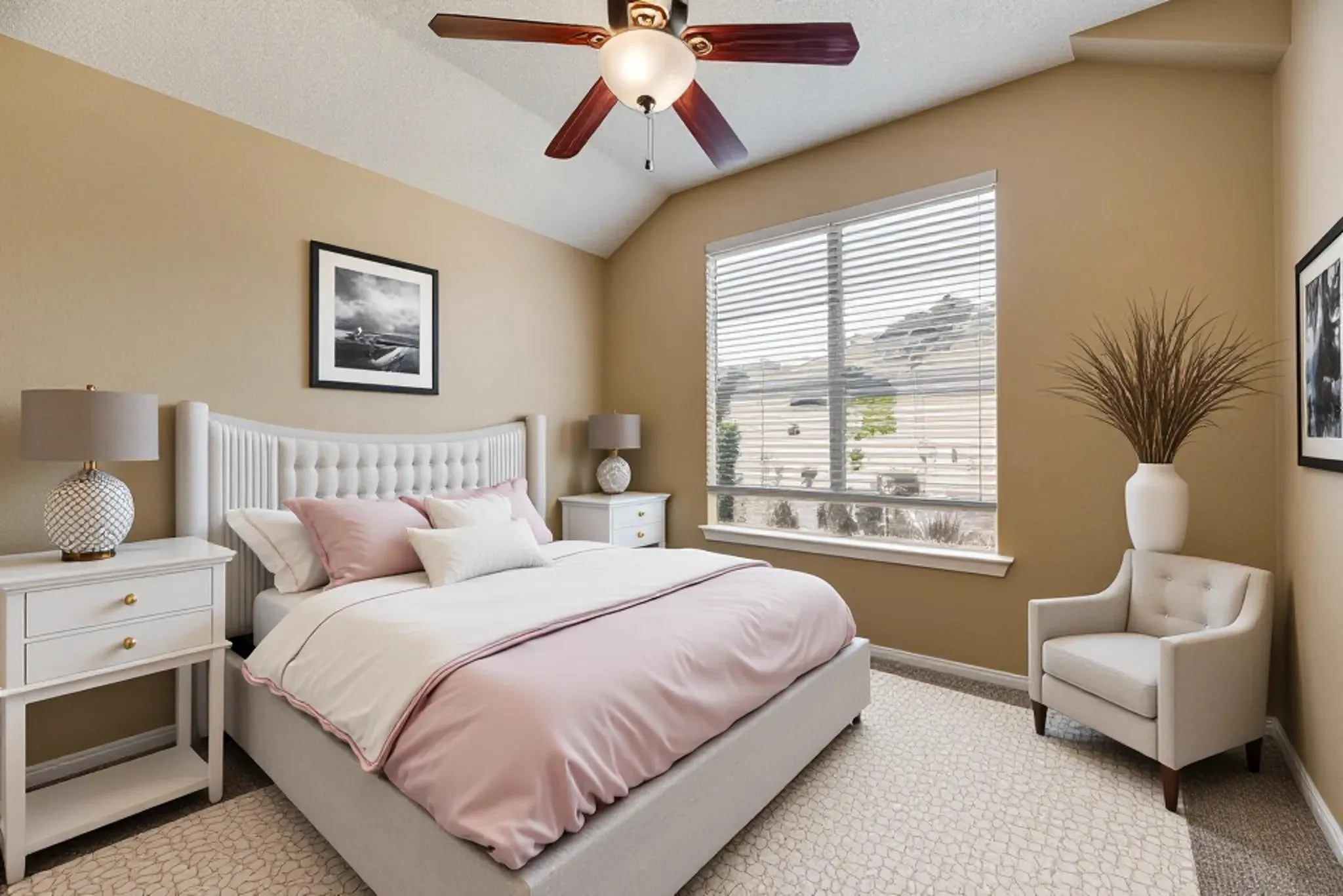 Vaulted ceiling with a ceiling fan, large window with horizontal blinds, built-in window sill, and patterned carpeting