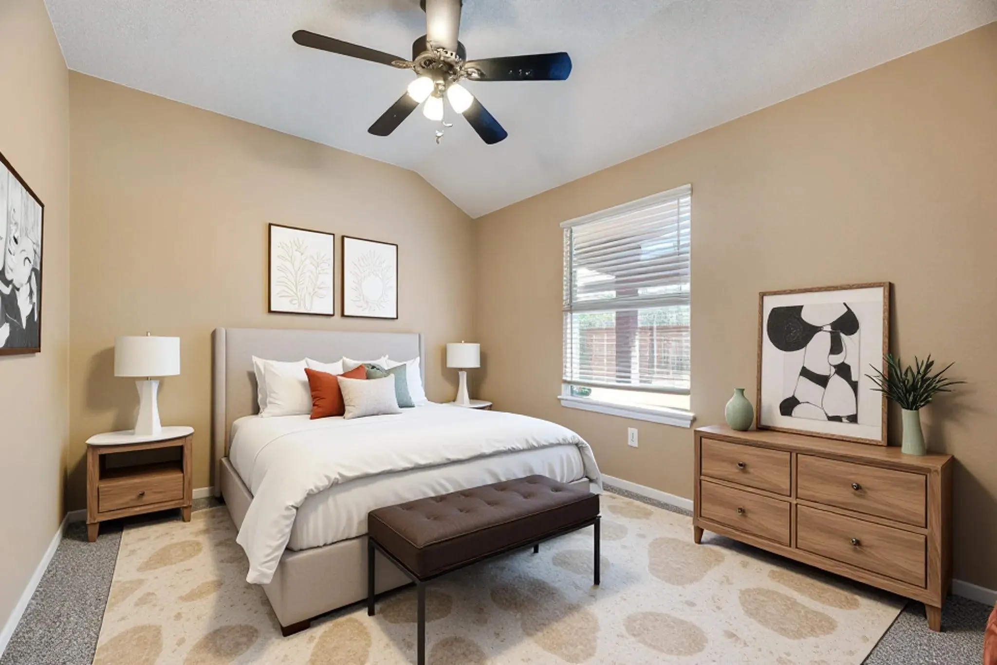 Vaulted ceiling with a ceiling fan, light wood-finish flooring, window with blinds, and neutral wall paint