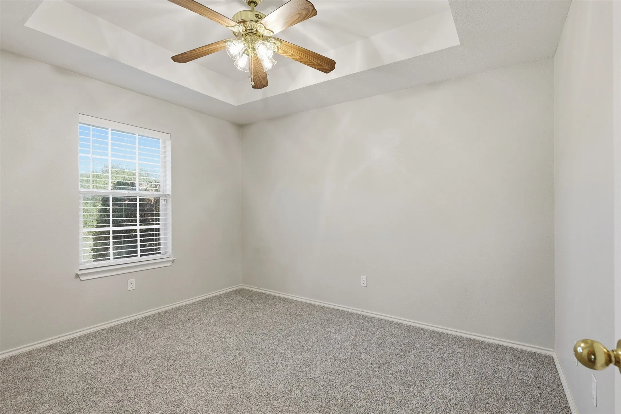 Tray ceiling featuring a ceiling fan with light fixture