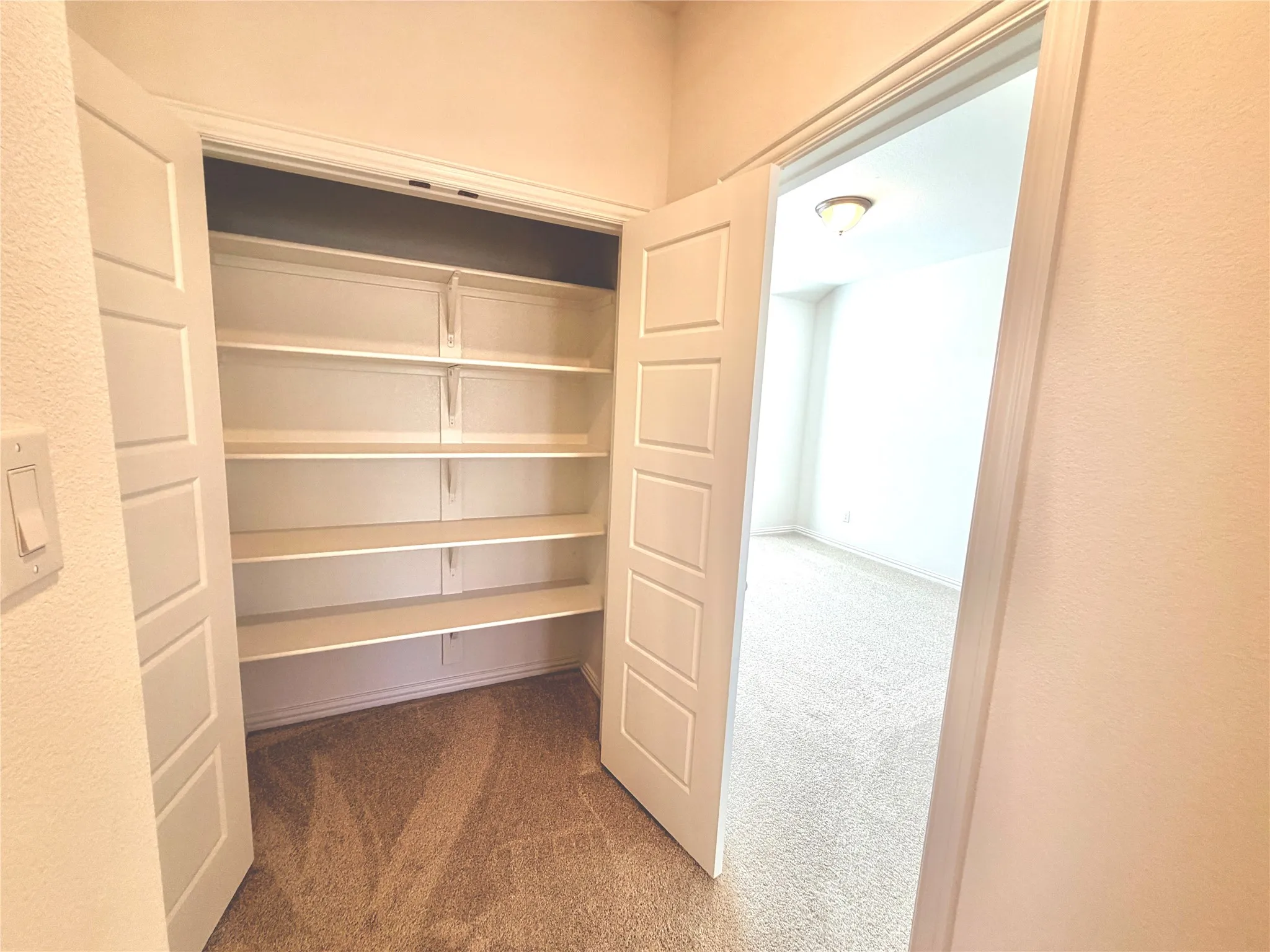 Built-in shelving, paneled bifold doors, and neutral carpeting