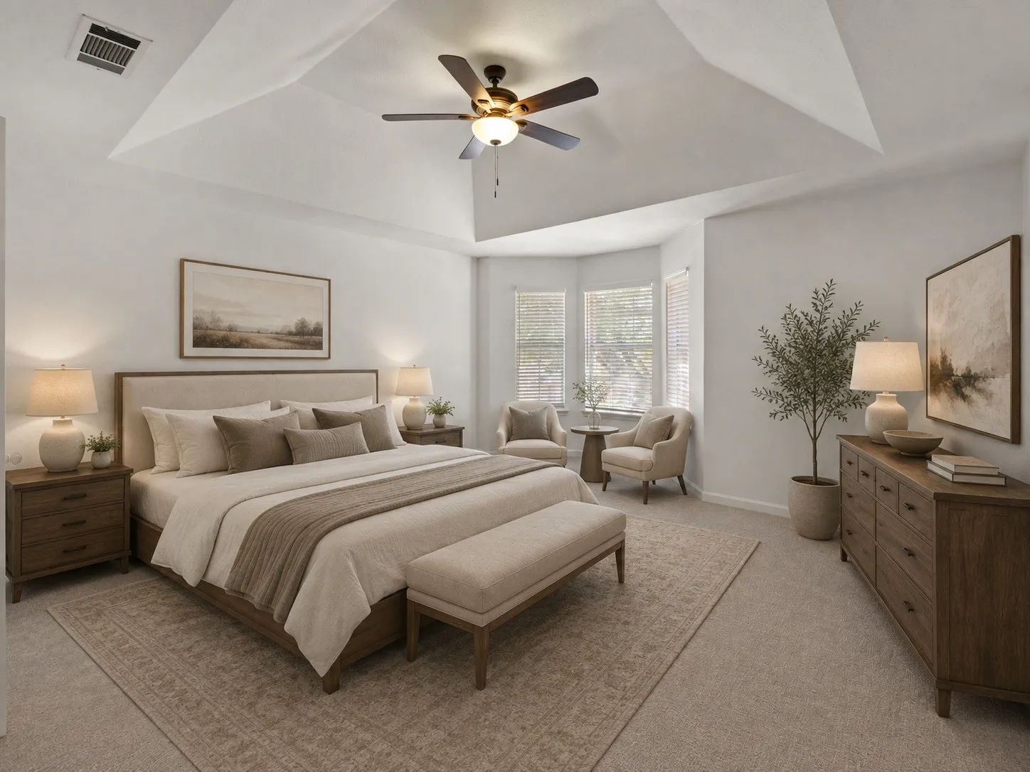 Virtually staged primary bedroom with a warm, inviting feel and thoughtfully placed furnishings.