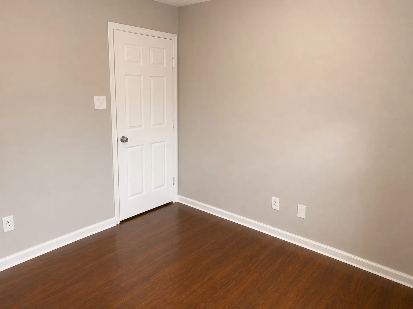 Wood-finish flooring with white trim, six-panel interior door with a spherical handle, and light-toned walls