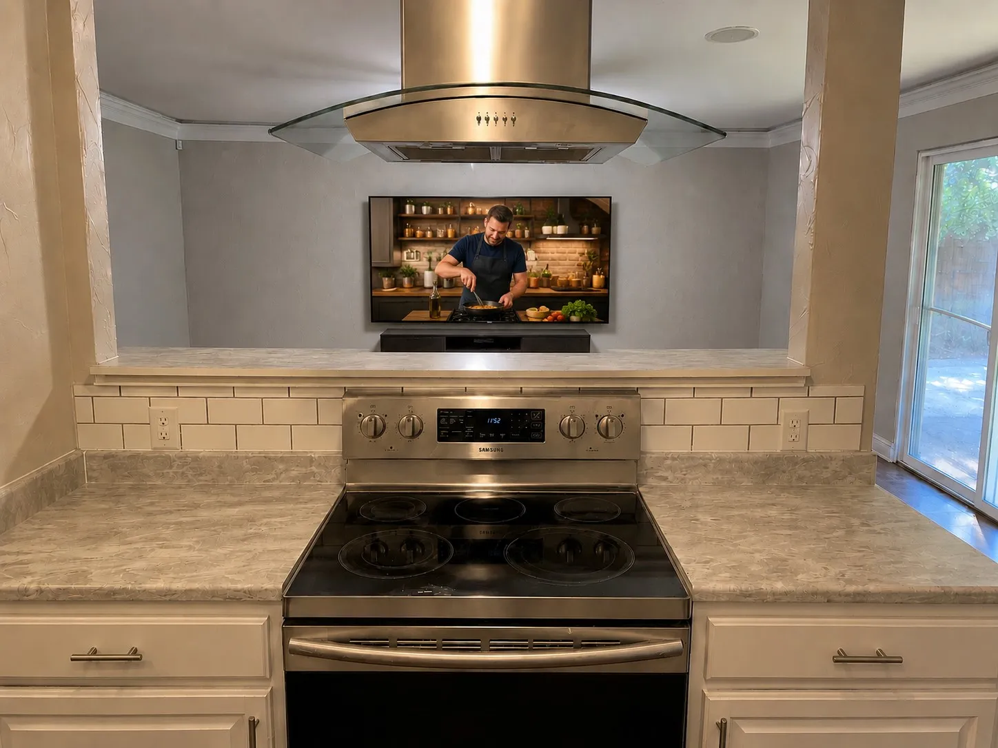 Stainless steel range with a built-in oven, light-toned countertops, white subway tile backsplash, and white cabinetry with brushed nickel hardware