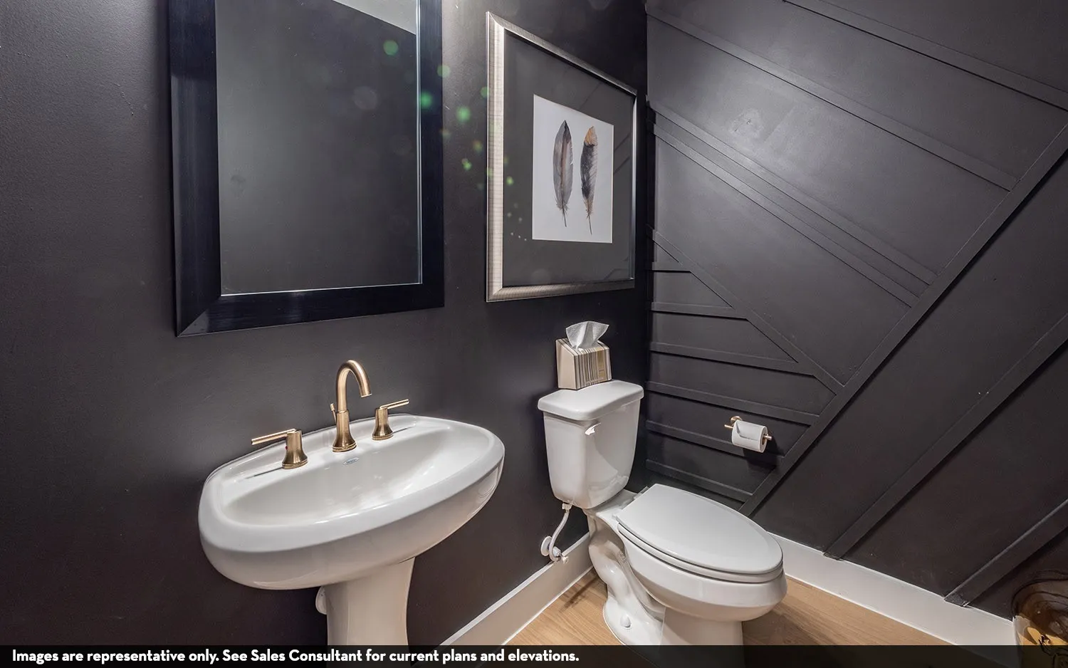 Pedestal sink with a bronze-finish faucet, dark-framed mirror, and a toilet with a paneled accent wall