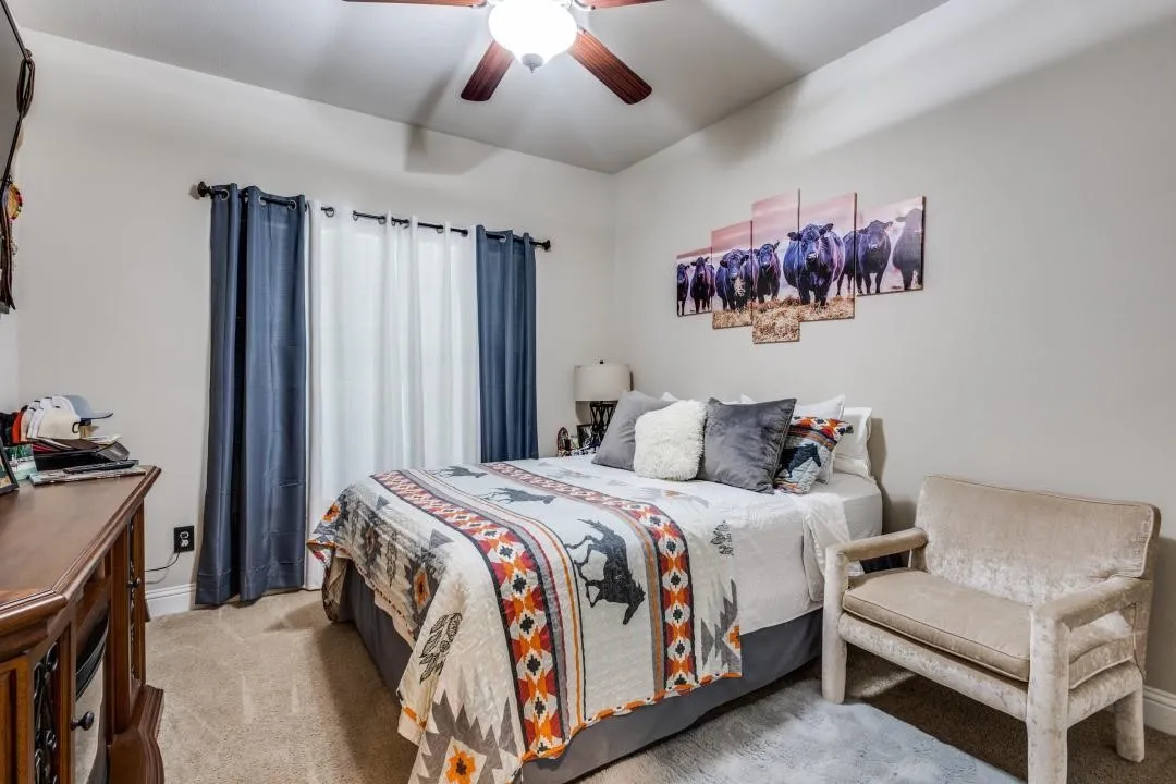 Carpeted flooring, ceiling fan with light fixture, window with curtain rods, and neutral wall tones