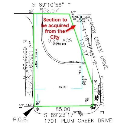 Survey Plat. Illustrating a section of the property designated for acquisition by the City, with boundary lines and dimensions provided