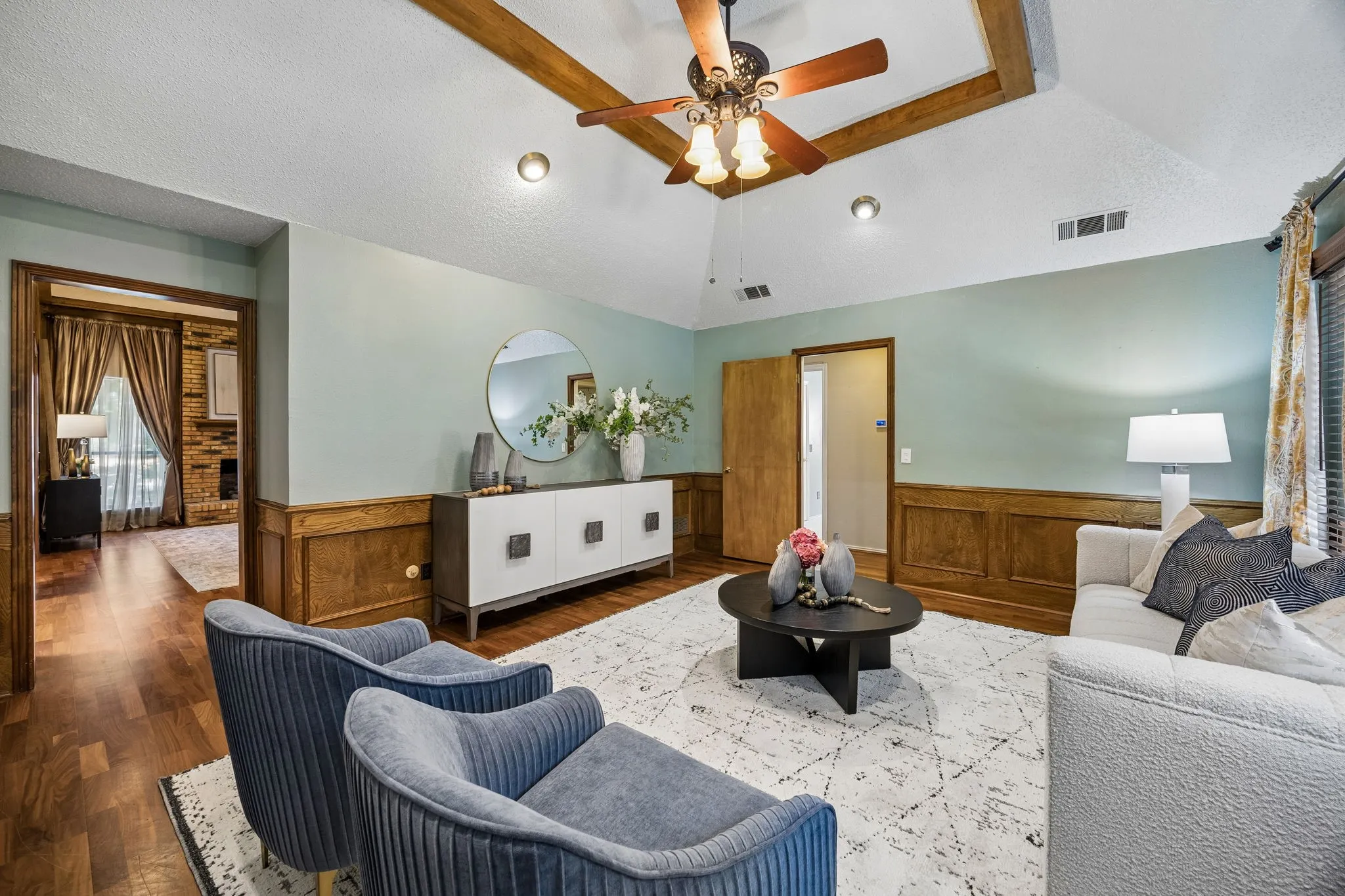 The second living room has lots of room for a large TV and large furniture pieces.