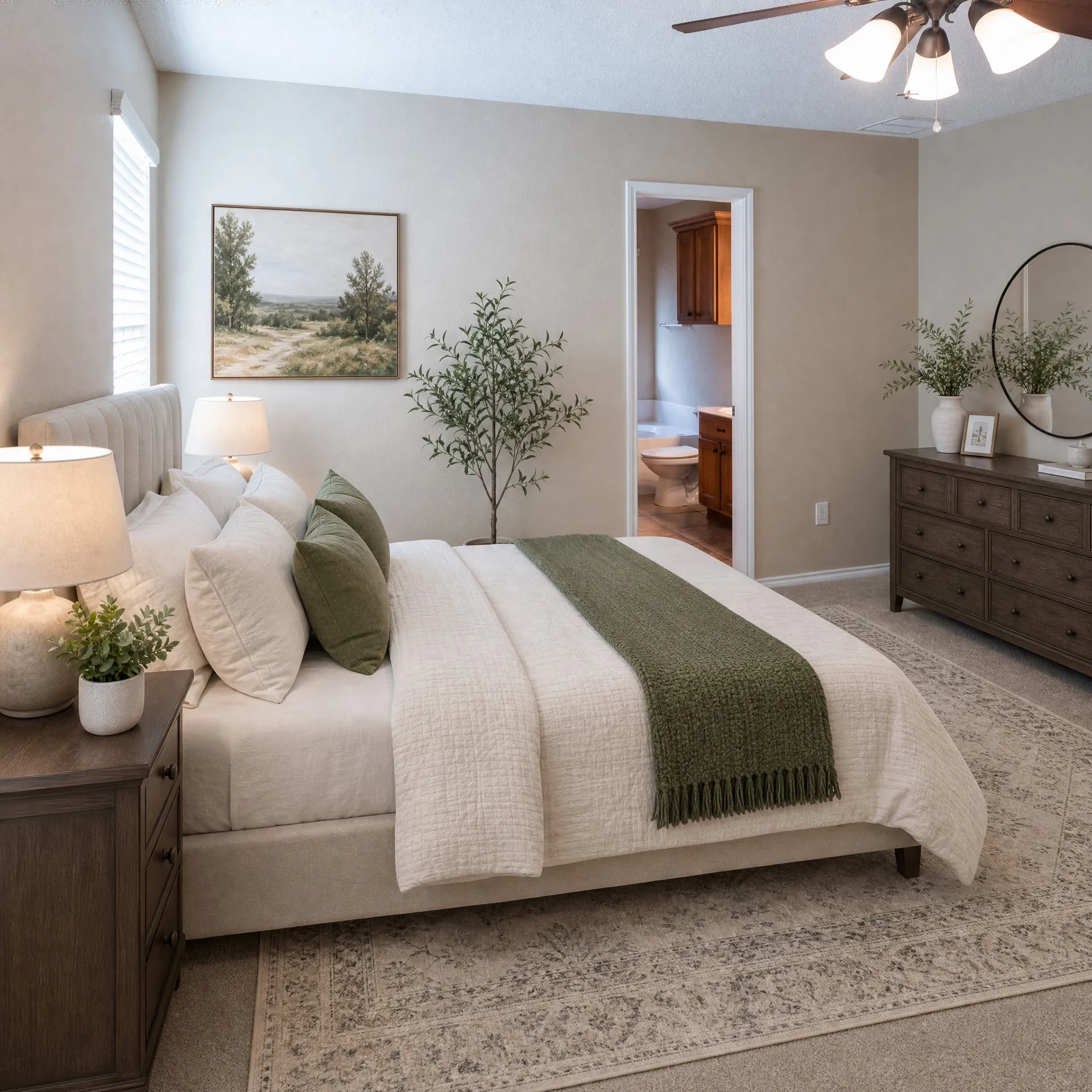 Located off the living room, the primary suite can offer a peaceful retreat