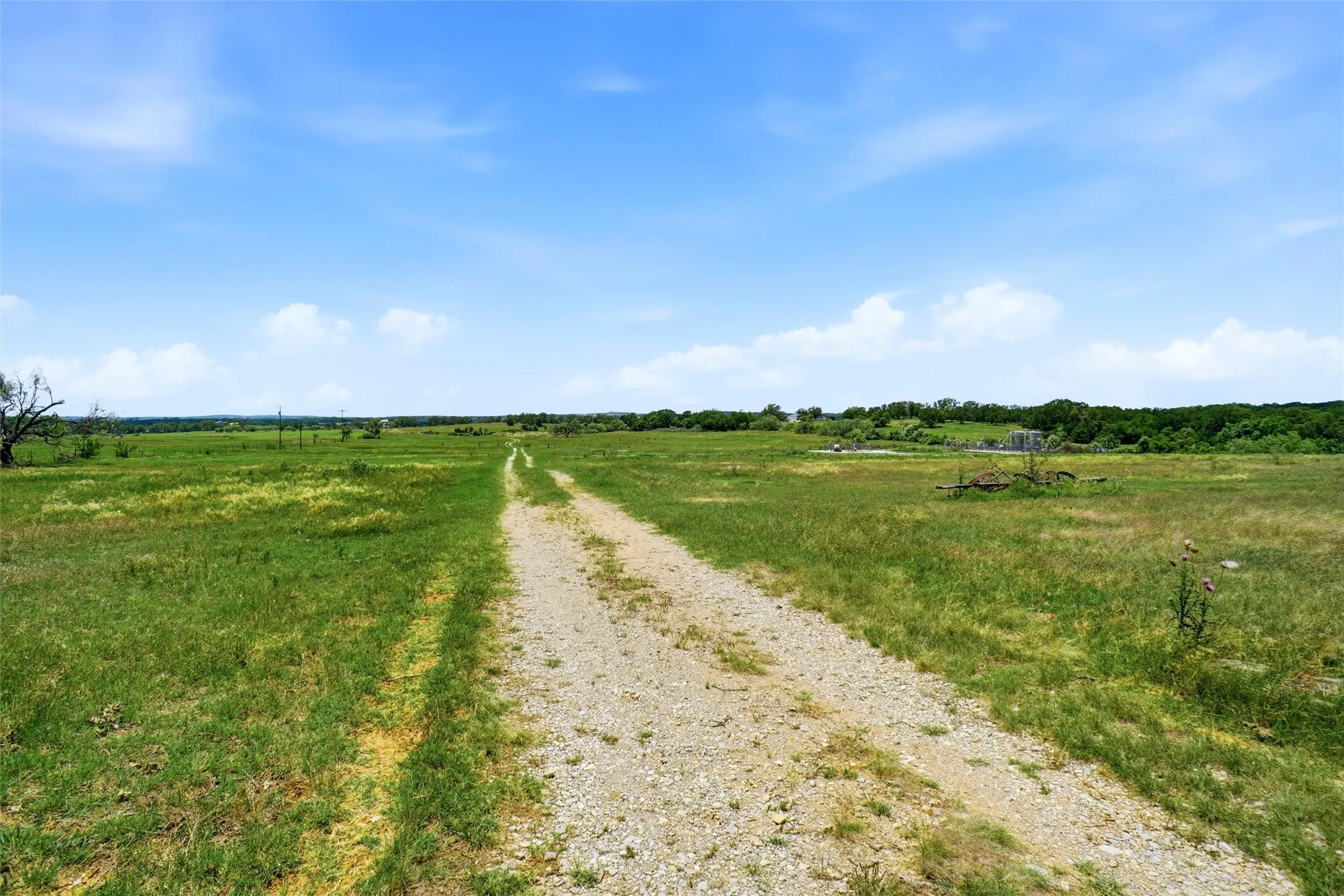 Expansive green landscape with a gravel path, bordered by distant trees and a clear blue sky