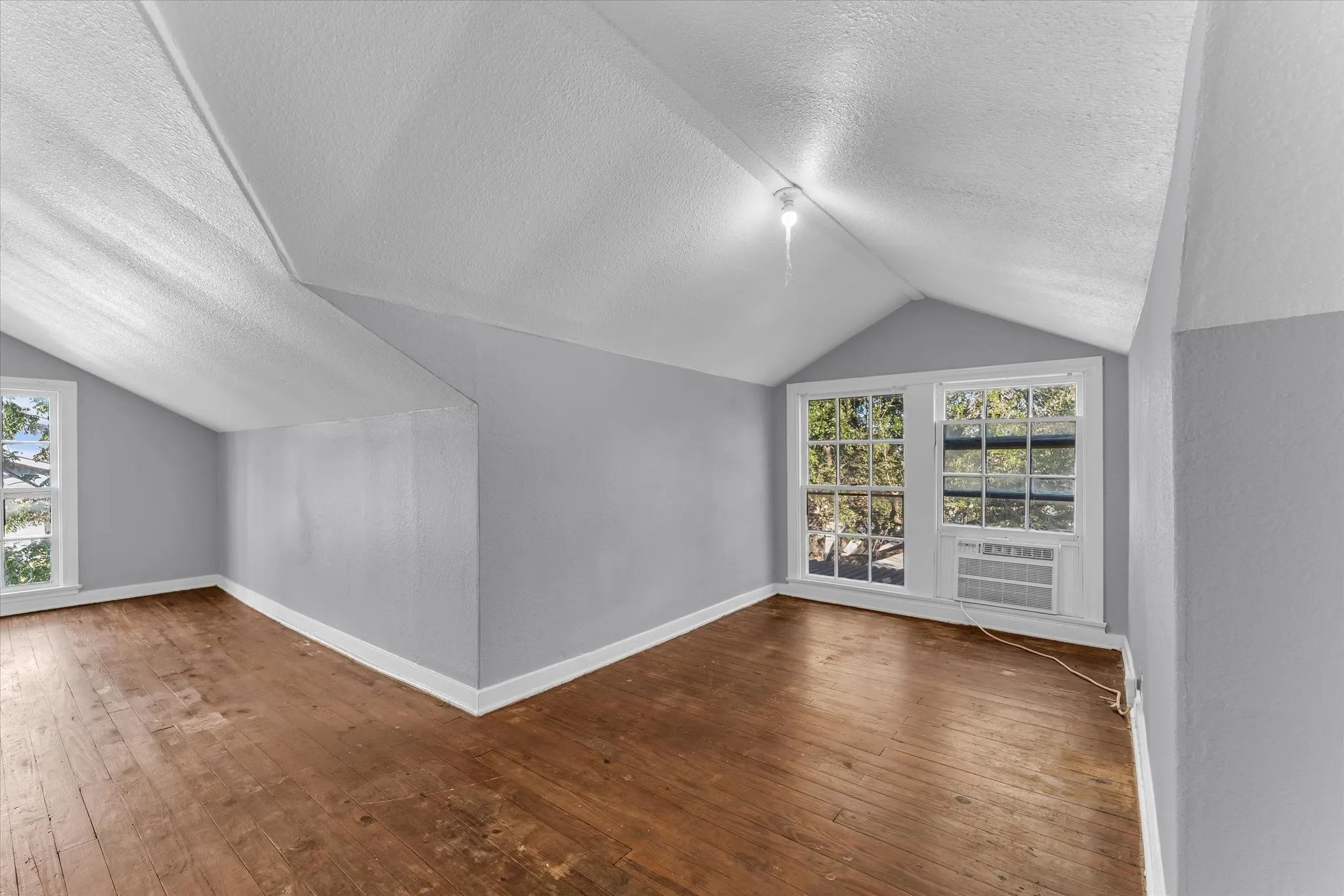 Vaulted ceiling with a single light fixture, wood-finish flooring, and multiple windows providing natural light
