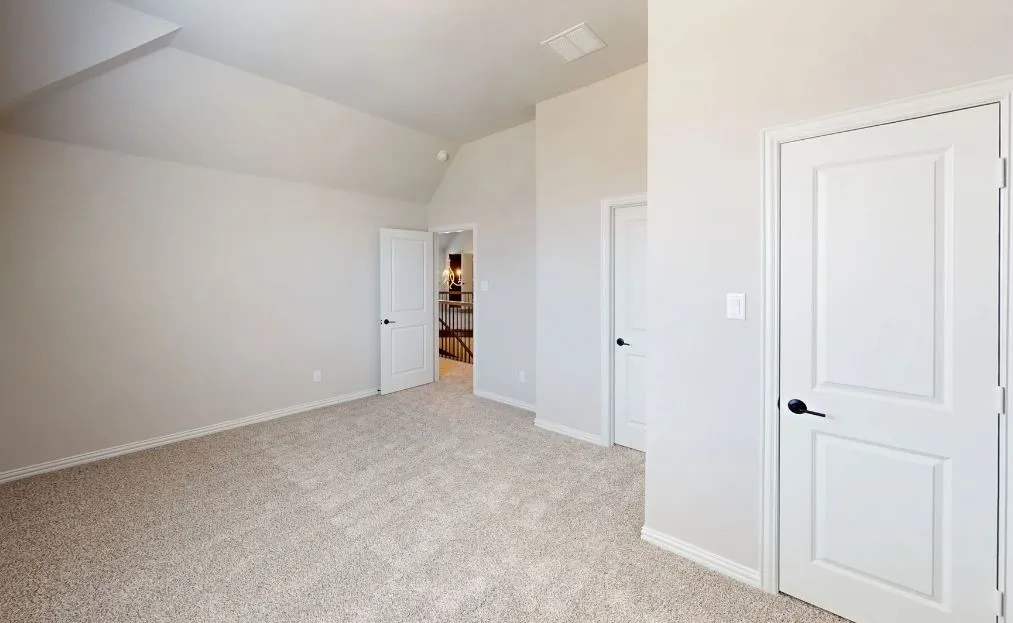 Vaulted ceiling with neutral paint, light-toned carpet flooring, and white panel doors with matte black hardware
