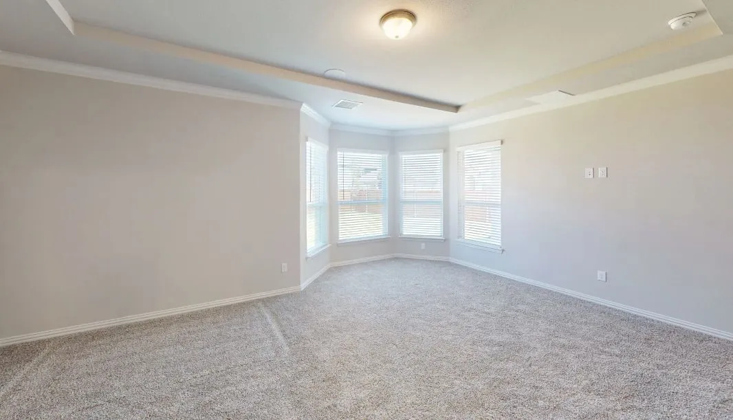 Tray ceiling with crown molding, bay windows, textured carpeting, and neutral paint