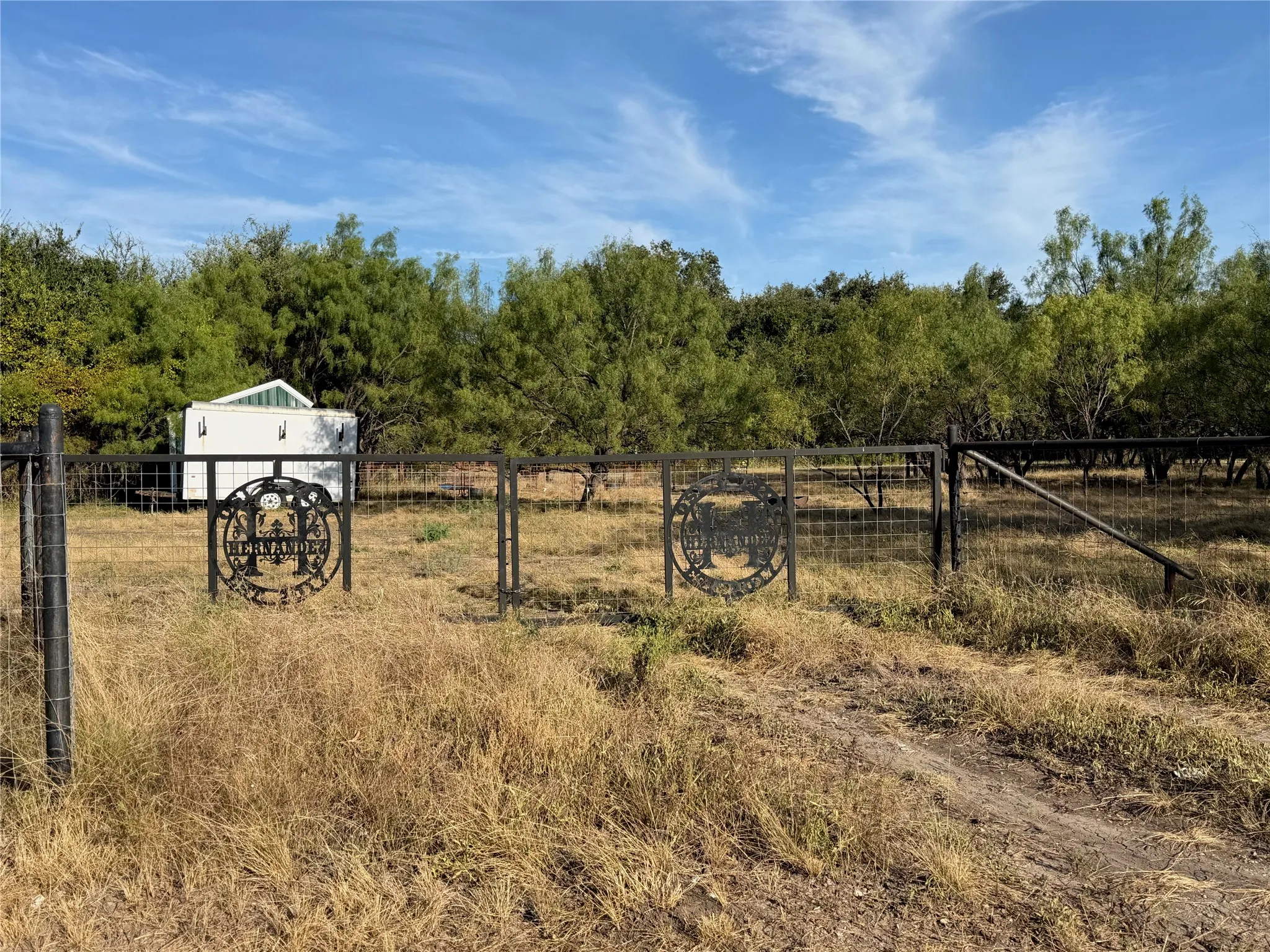 Wrought iron gate with custom circular detailing, wire fencing, and mature trees providing natural screening
