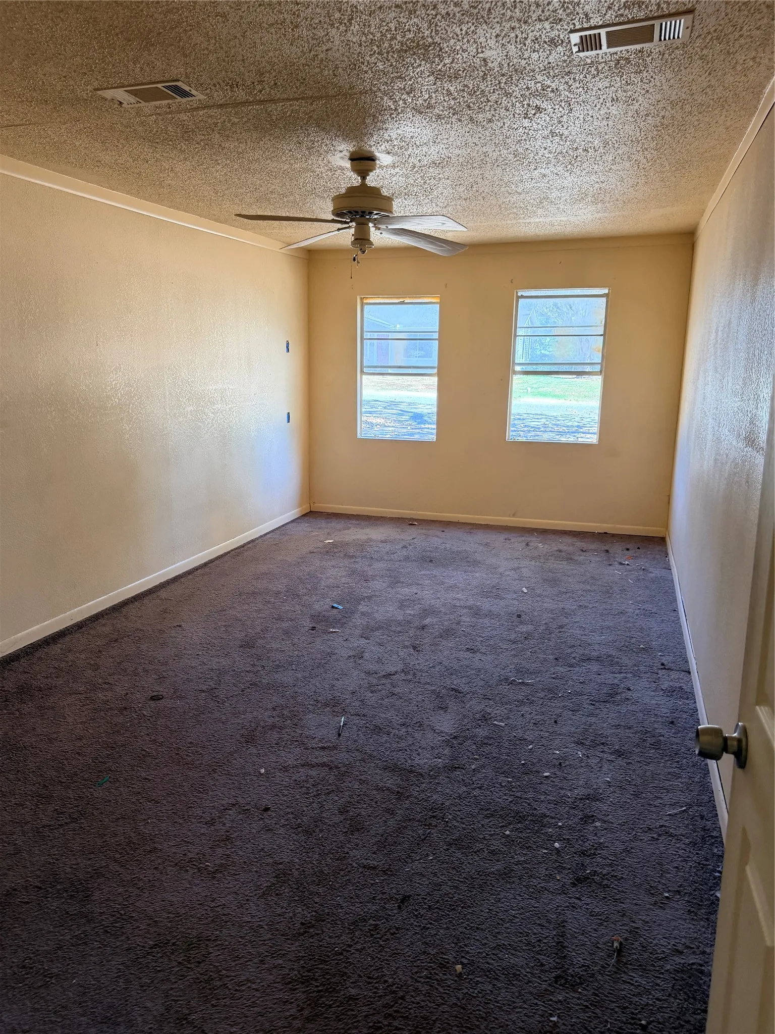 Textured ceiling, ceiling fan, two windows, wall-to-wall carpeting, and painted walls
