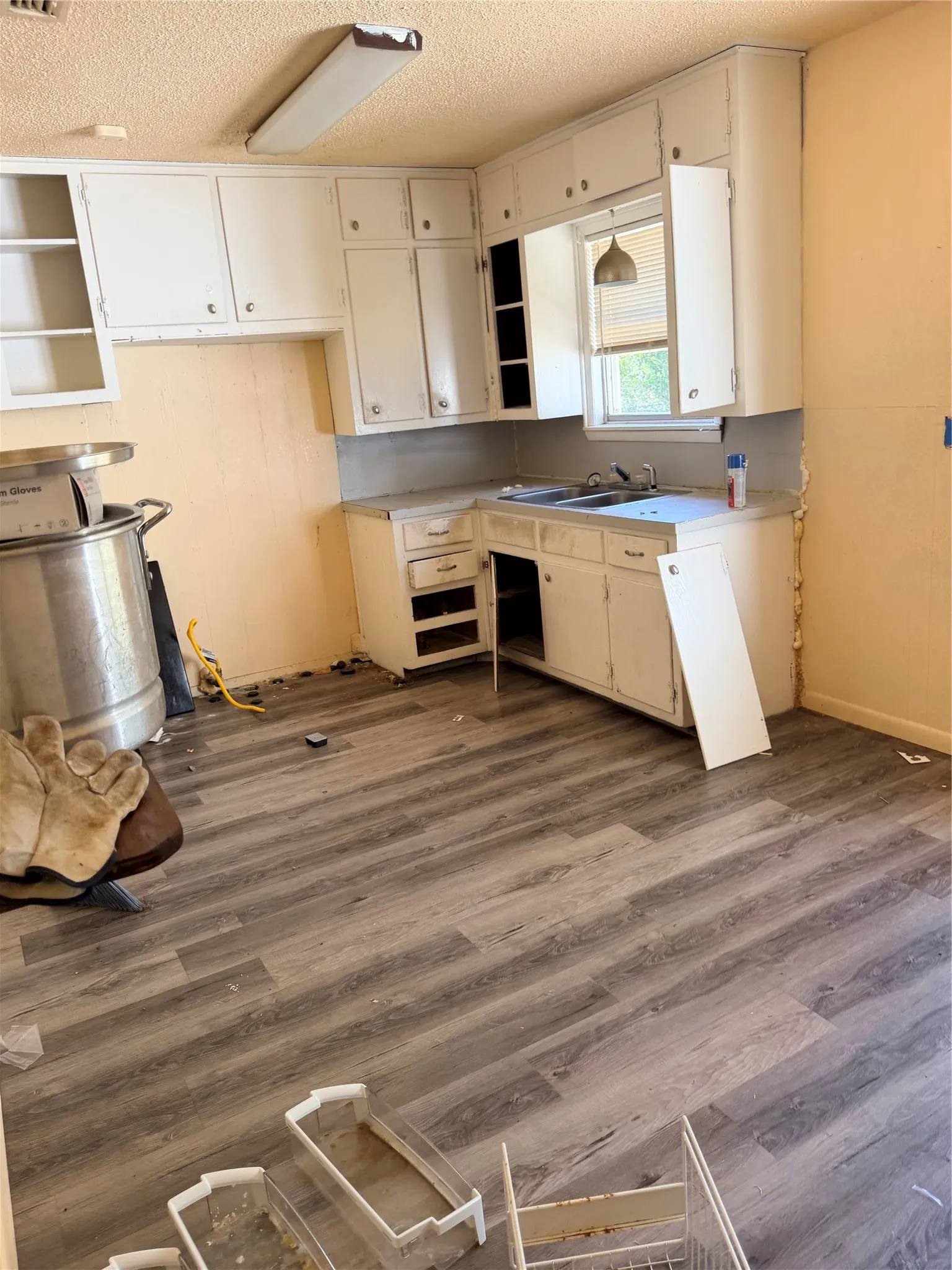 Kitchen area featuring wood-like-finish flooring and a corner sink