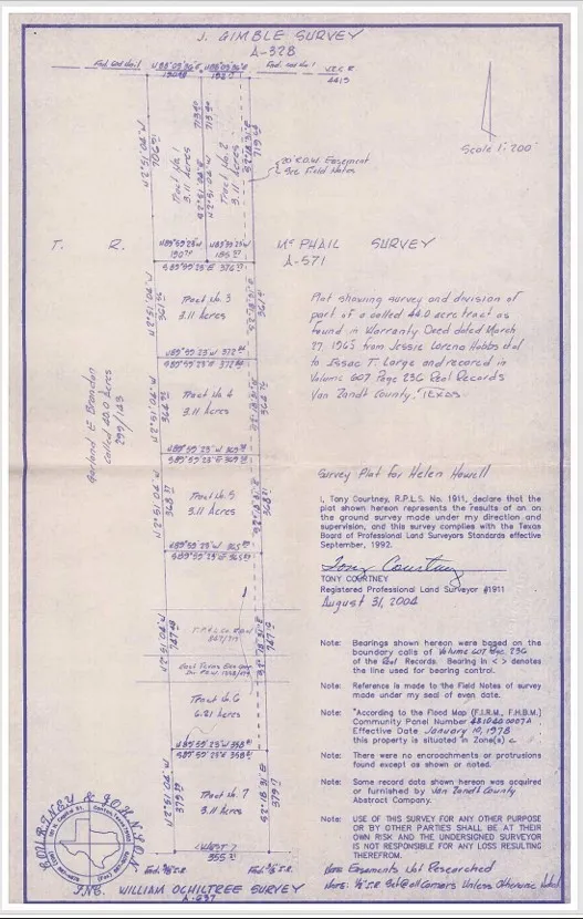 Survey Plat. Detailing the division and legal description of the property, including survey notes and certifications