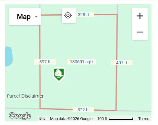 Google Maps Parcel View. Displaying the property's perimeter dimensions and total square footage