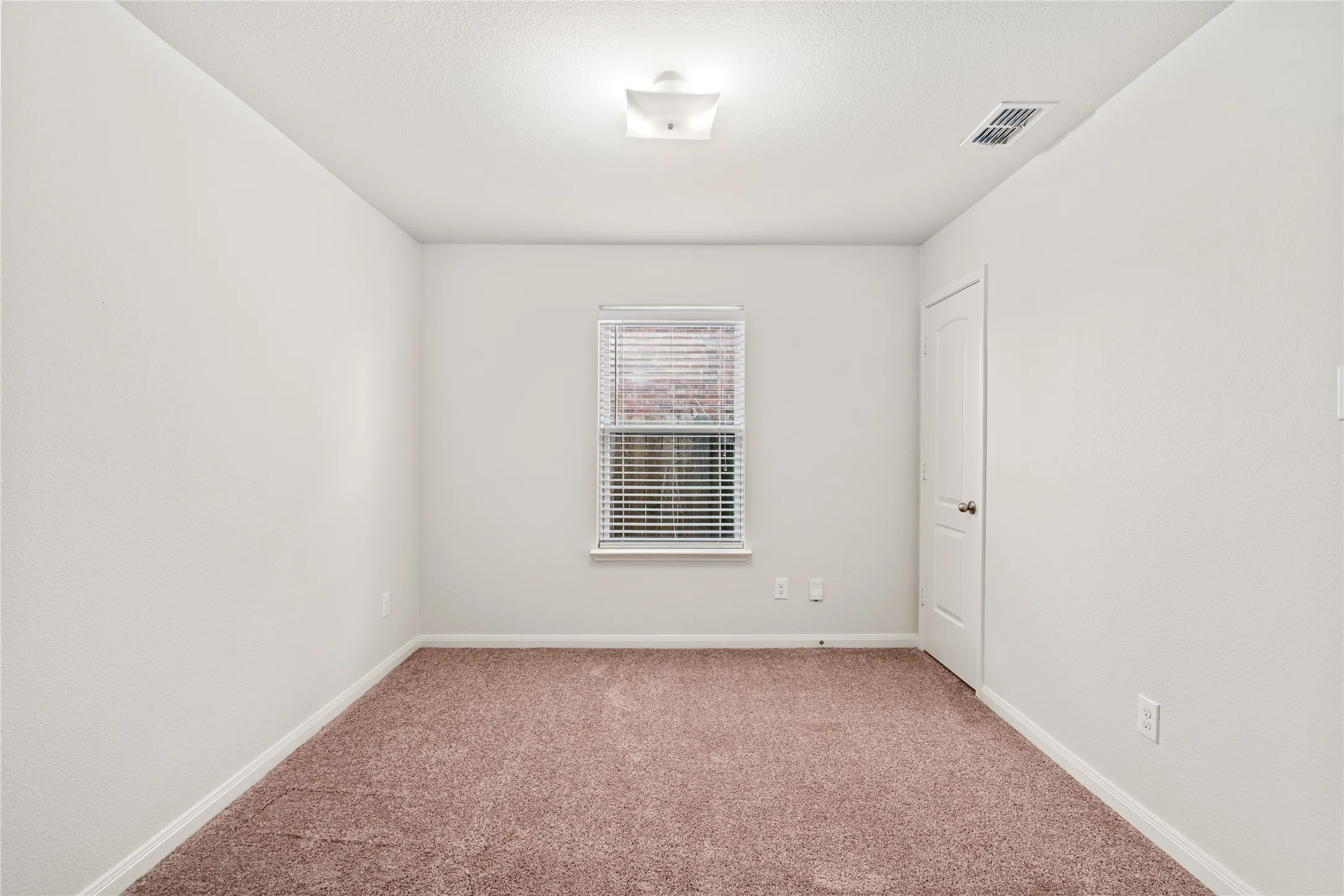 Recessed window with blinds, white trim, light-colored carpeting, white interior door, and ceiling-mounted light fixture