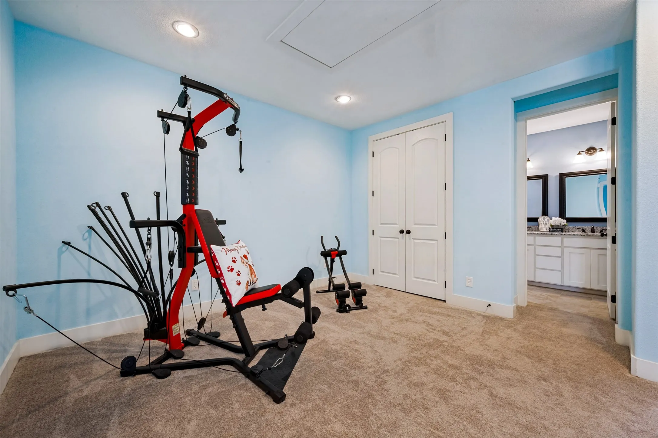 Flex room/game room with recessed lighting, light-toned carpeting, and a double-door closet