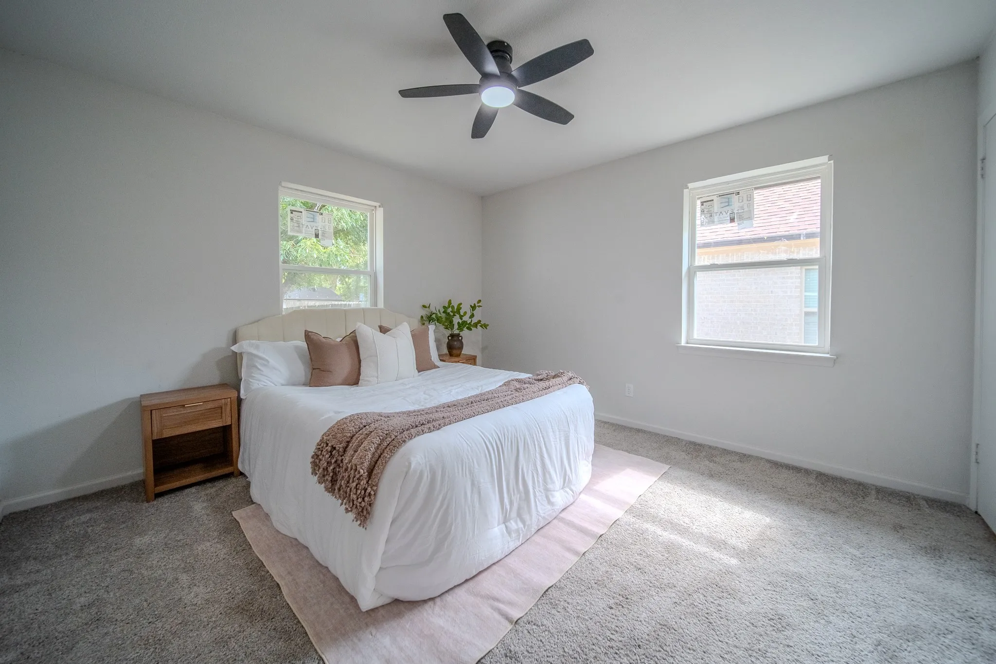 Neutral tone wall paint, carpeted flooring, two windows, and a ceiling fan with integrated lighting