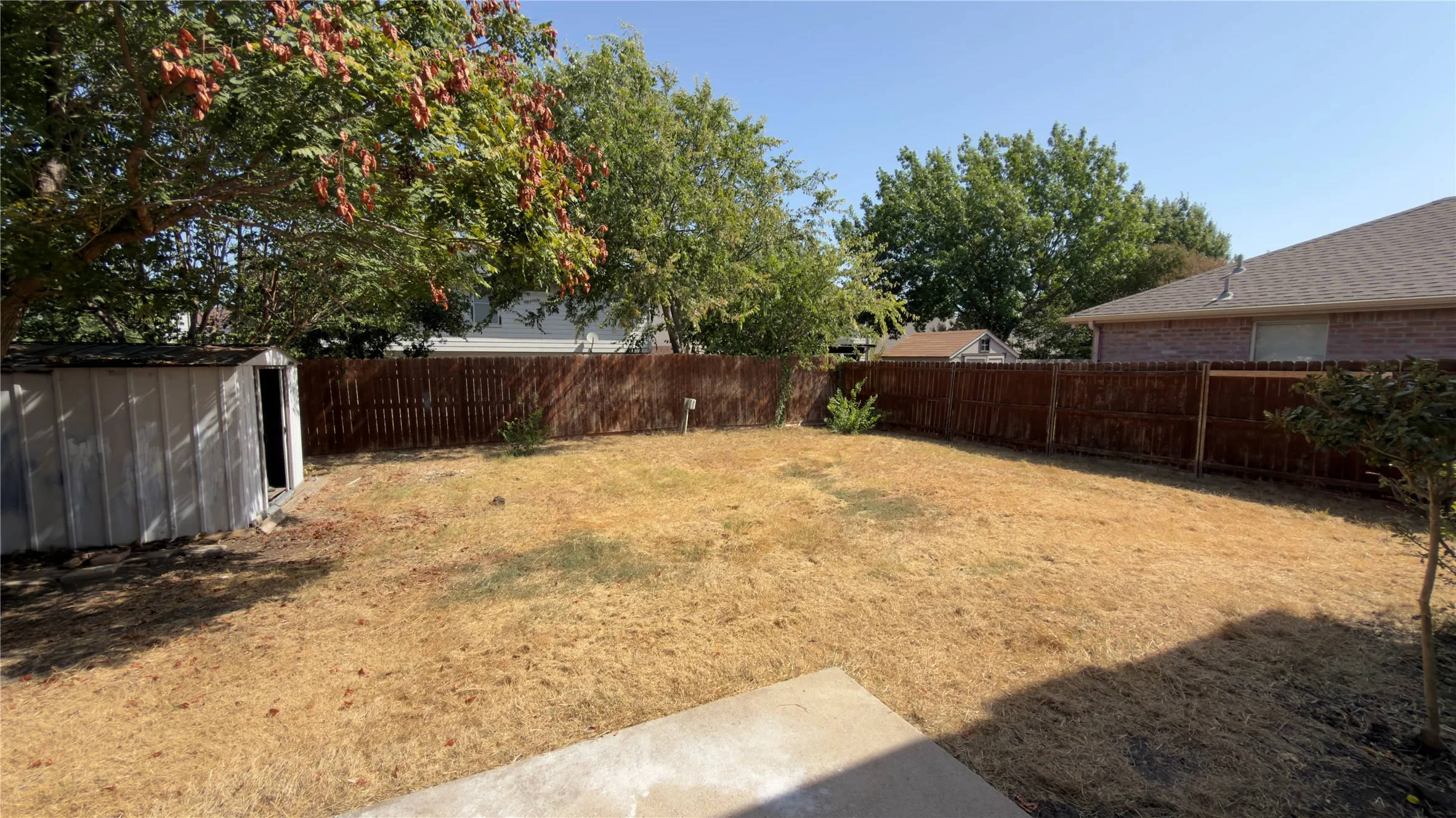 Expansive backyard featuring a wood privacy fence, mature trees, and a storage shed