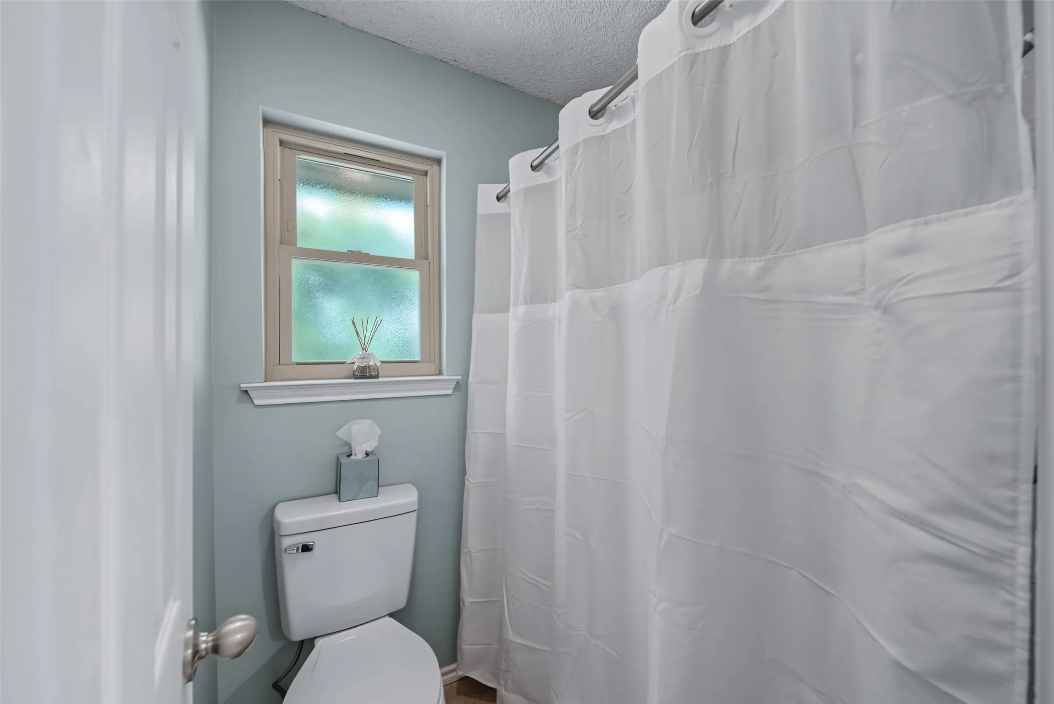 Primary bath: White porcelain toilet with a window, light blue wall paint, and a white shower curtain