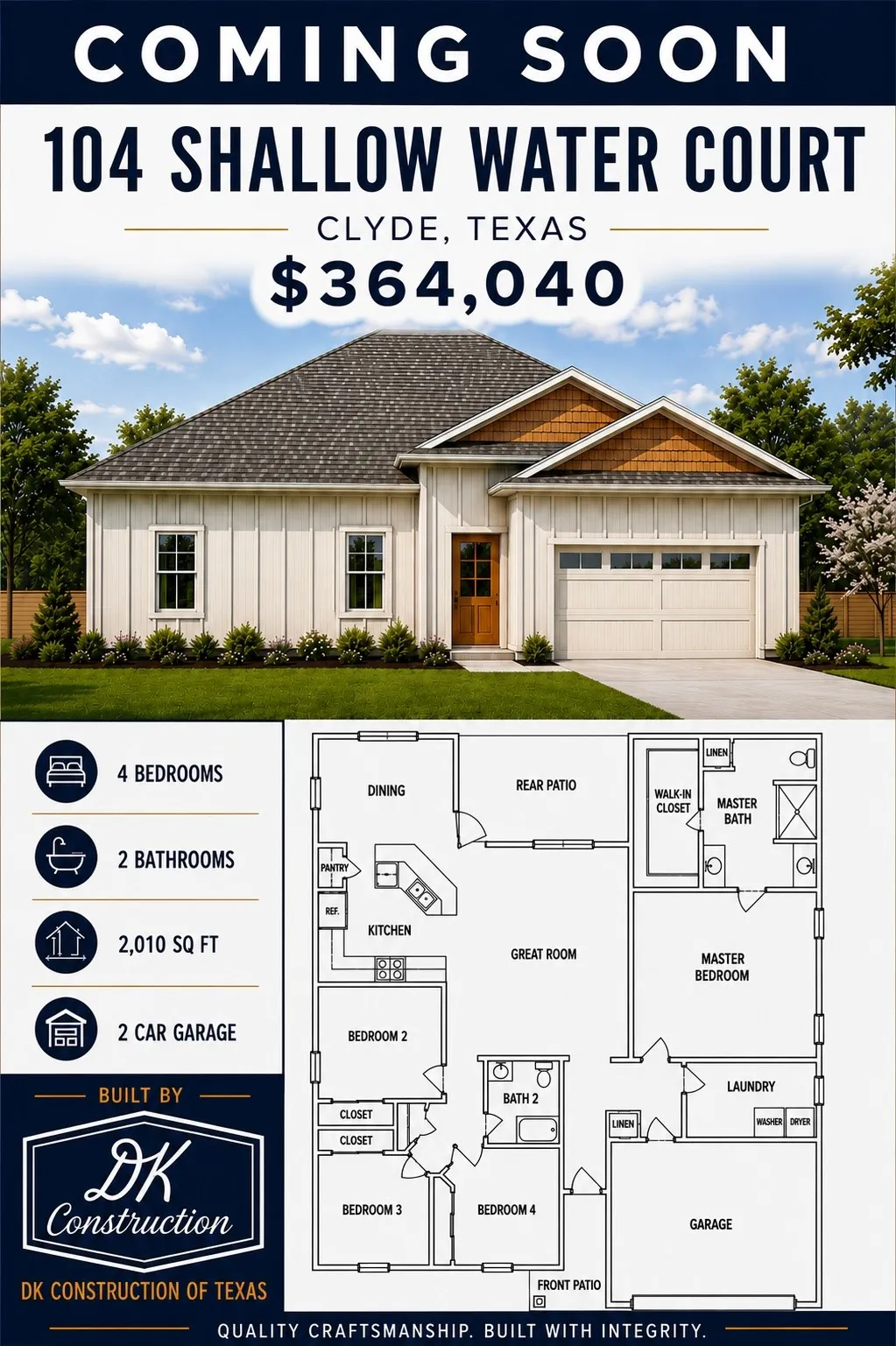 Single Family Residence For Sale in Callahan County , 104 Shallow Water Court, Clyde, Texas 79510, 4 Bedroom, 2 Bathroom, 2 Garage spaces, 2,010 Sqft, built in 2026, Price $364,040, mls#21363645, Real Estate Agent in Clyde, Homes For Sale in Callahan county, Homes For Sale in Clyde, Realtor in Clyde Texas, Real Estate Brokerage Independent Realty Texas, Luminita Cordes Realtor