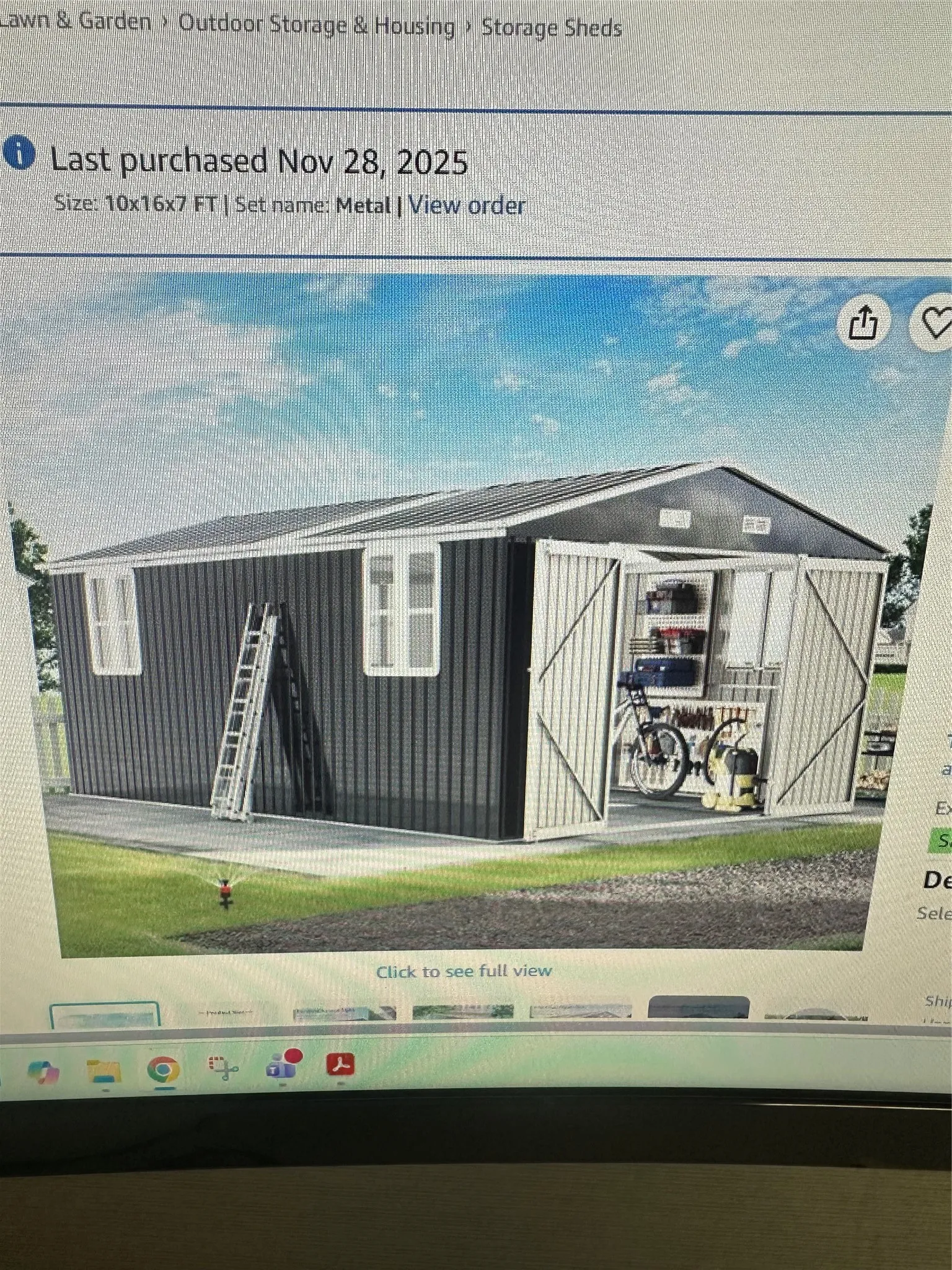 16x9.5 Stoage shed available. Not yet assemled. Product Listing. Displaying a storage shed with dimensions 10x16x7 FT and material type Metal