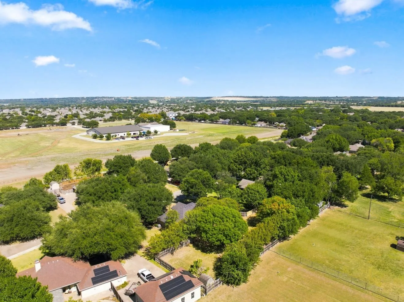 Expansive residential area with abundant mature trees and verdant landscaping