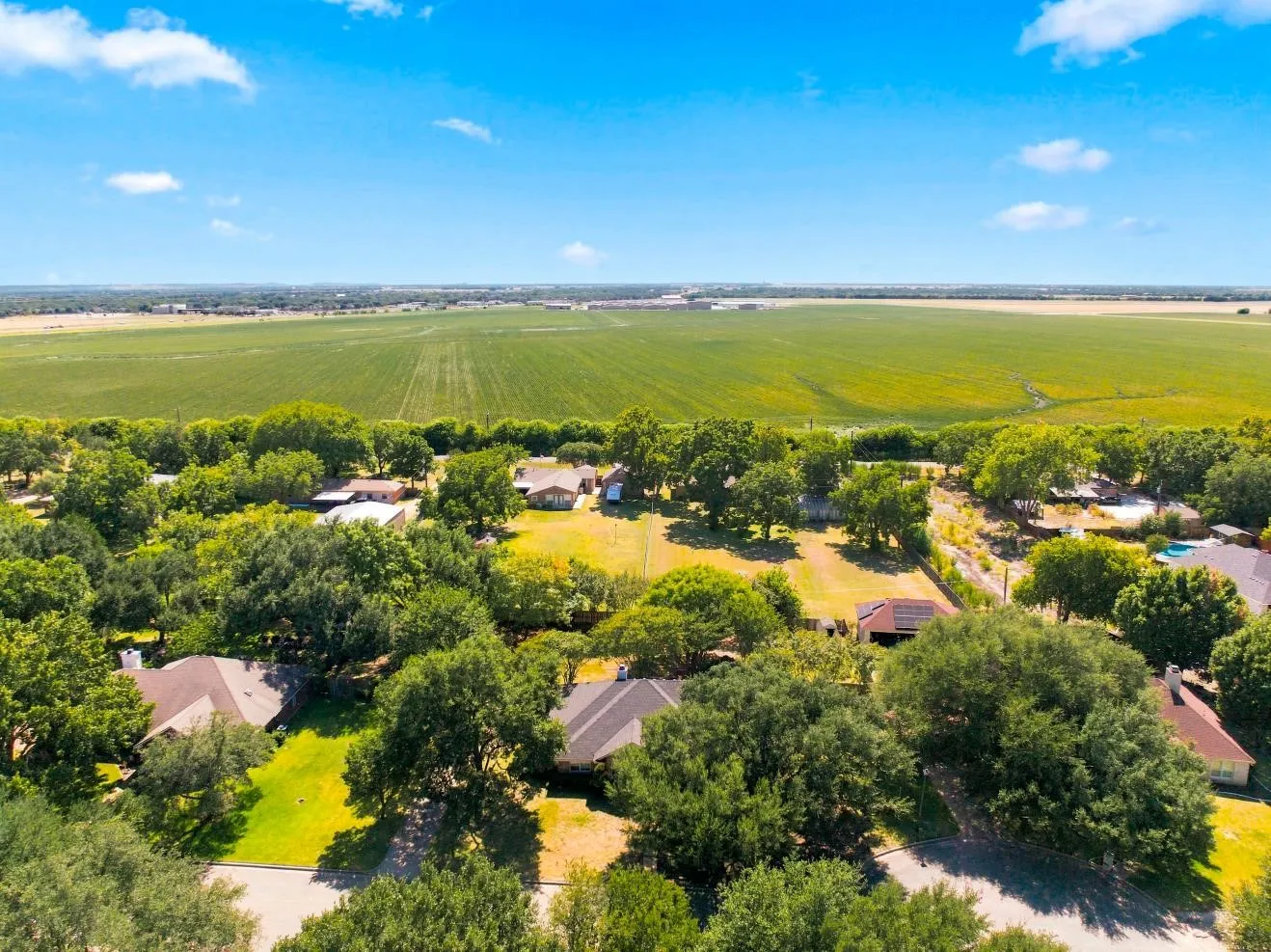 Expansive green fields, mature trees, residential properties, and clear blue sky