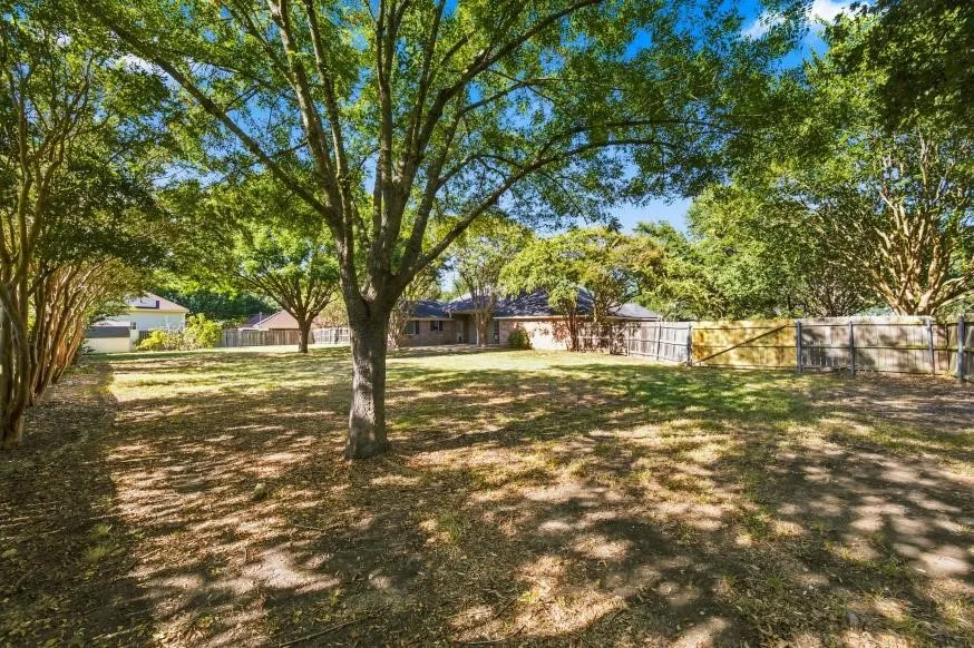 Expansive backyard featuring mature trees, a manicured lawn, and perimeter fencing