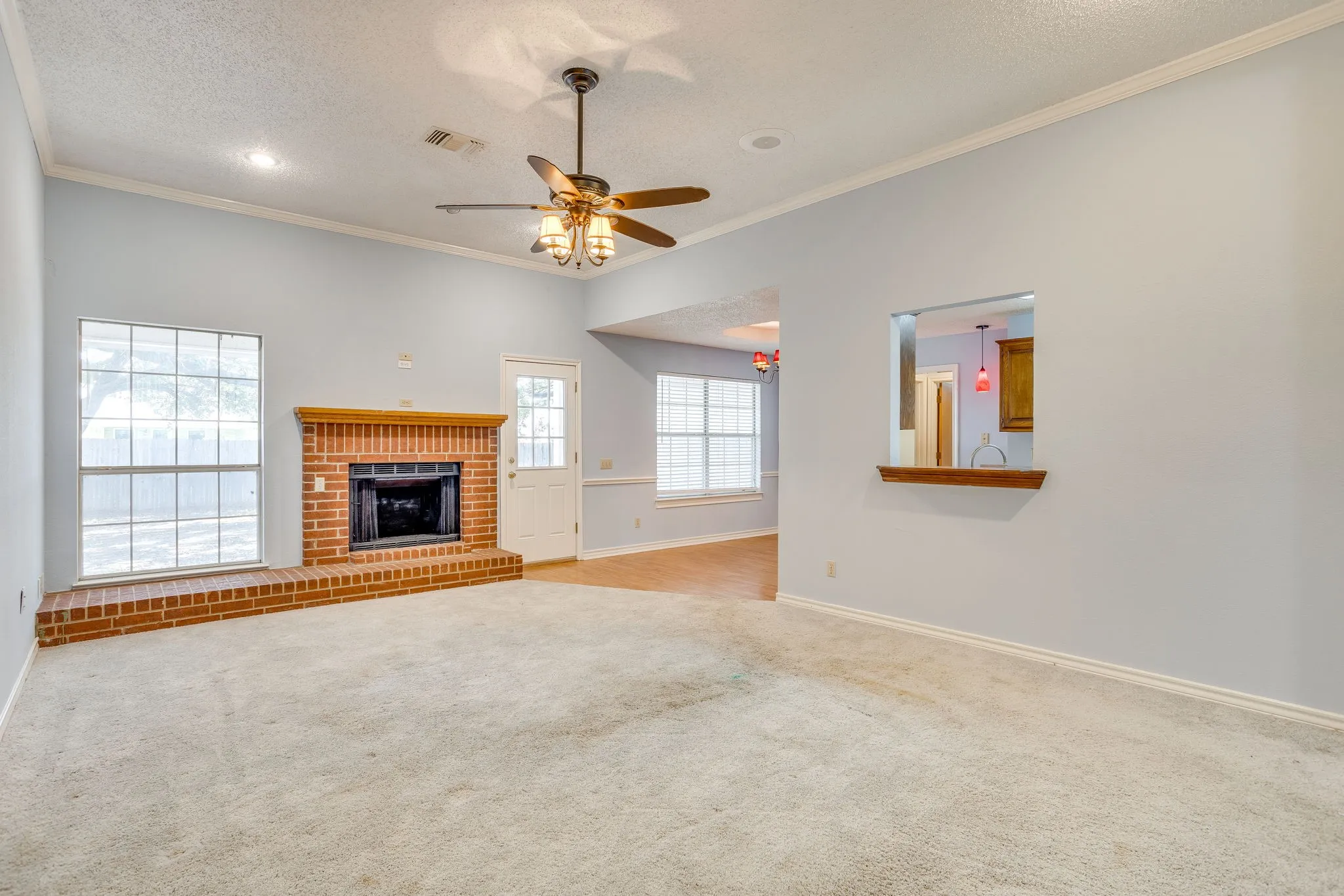 Wood burning Fireplace. Back door and windows towards the backyard.