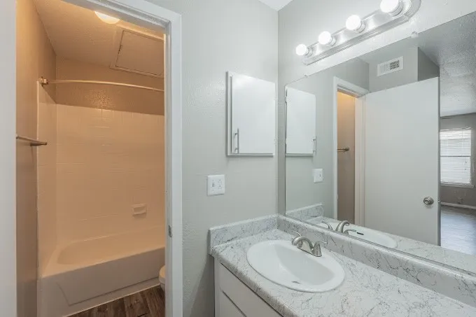 Bathroom featuring a vanity with a drop-in sink, a full-width mirror, and overhead strip lighting